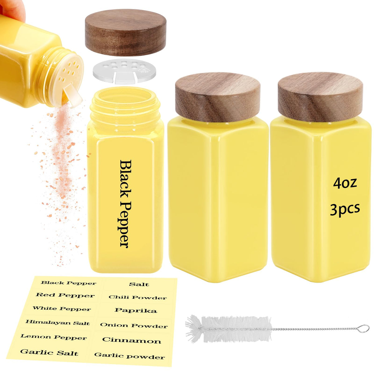 3Pcs 4 oz Square Glass Spice Jars with Label, Empty Spice Containers with Wooden Lids, Square Seasoning Containers and Supplement Set, Small Seasoning Bottles for Salt, Sugar, Pepper (White)