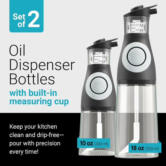 Belwares Oil and Vinegar Dispenser Set with Measuring Cup - 2 Glass Olive Oil Dispenser Bottles for Kitchen - Cooking Oil Bottle Set, Drip-Free Cruets for Salad Dressing, BPA-Free, Dishwasher Safe