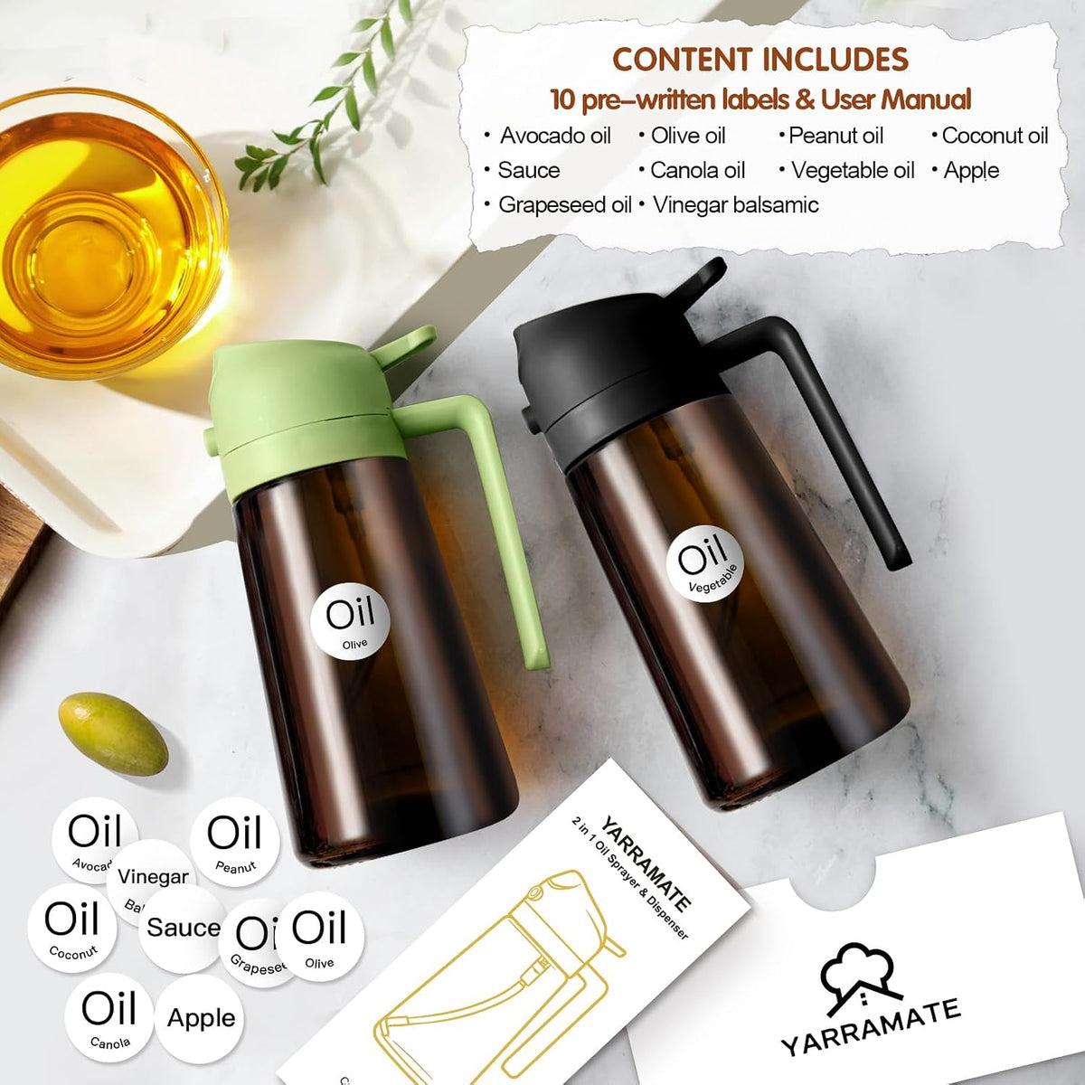 YARRAMATE 2PCS 16oz/470ml Oil Sprayer for Cooking (Black & Green)
