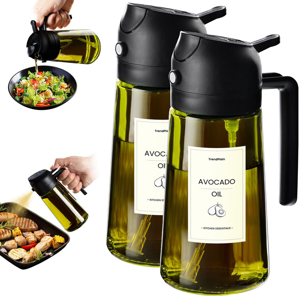 TrendPlain - Original 16oz/470ml Olive Oil Dispenser Bottle for Kitchen Gadgets and Air Fryer Accessories - Olive Oil Sprayer for Cooking w/Stickers - Black