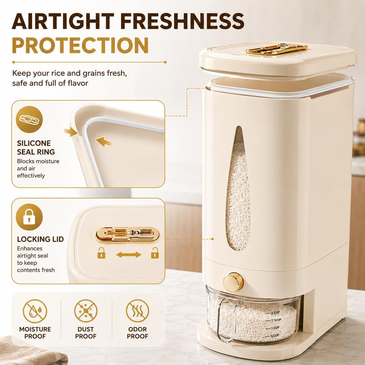 22lbs Rice Dispenser, Airtight Grain Storage Container with One-Touch