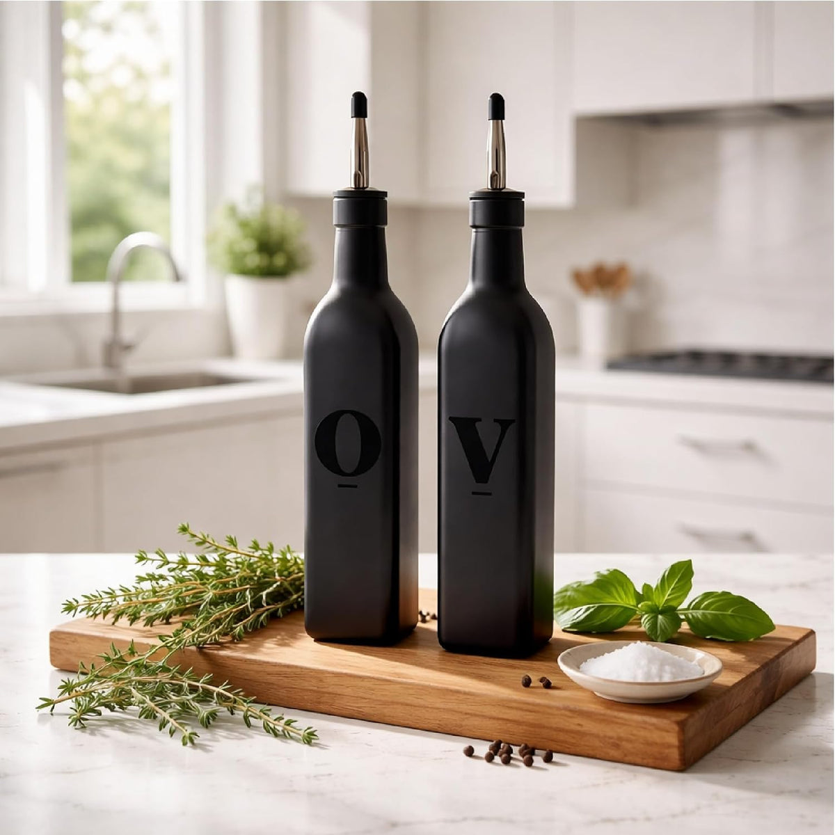 Mlle Label Black Glass Olive Oil & Vinegar Dispensers, Set of 2, 500 mL