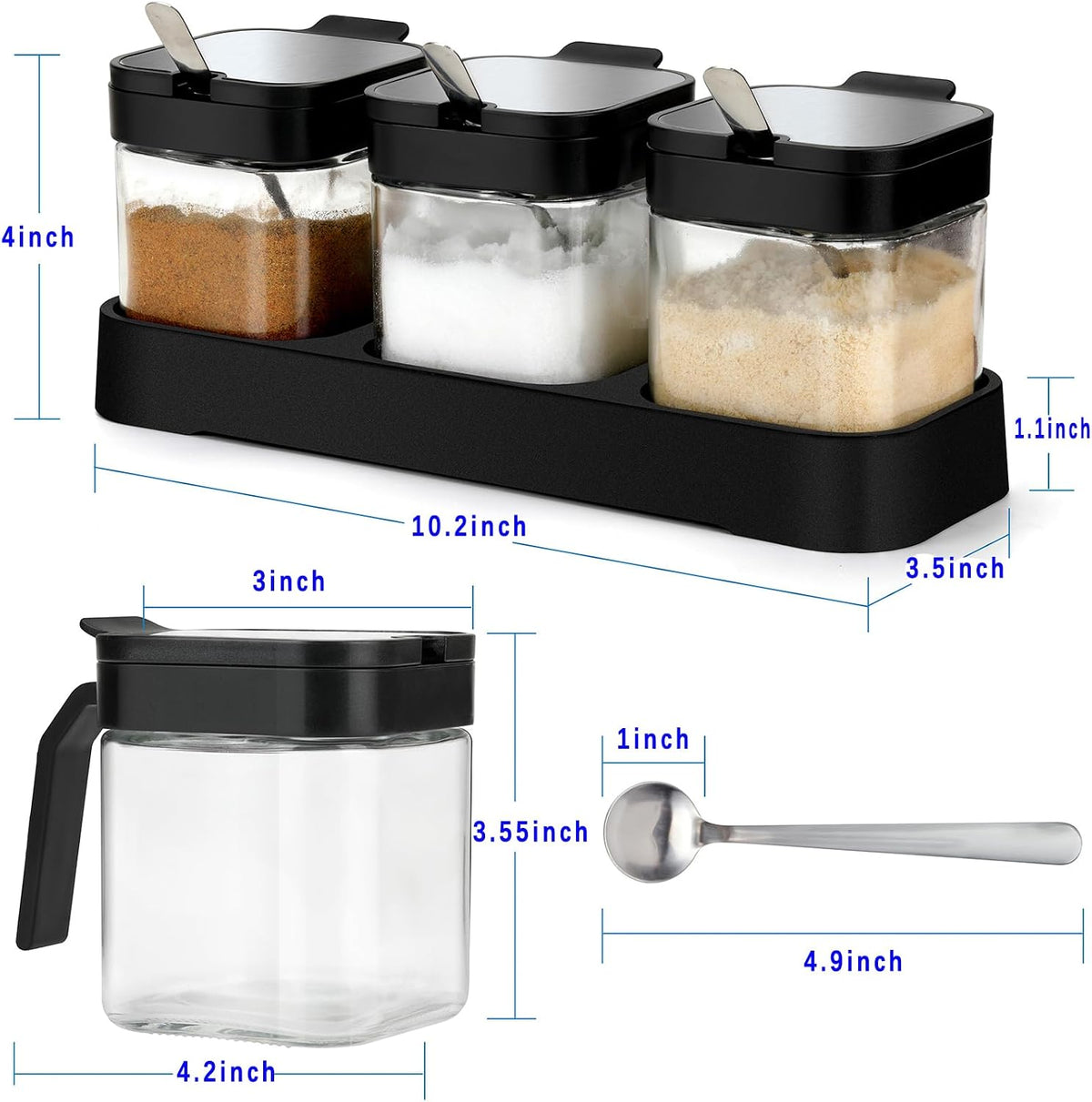 Mlici 3 Pack Condiment Jars, Spice Containers with Lids and Spoons, Black