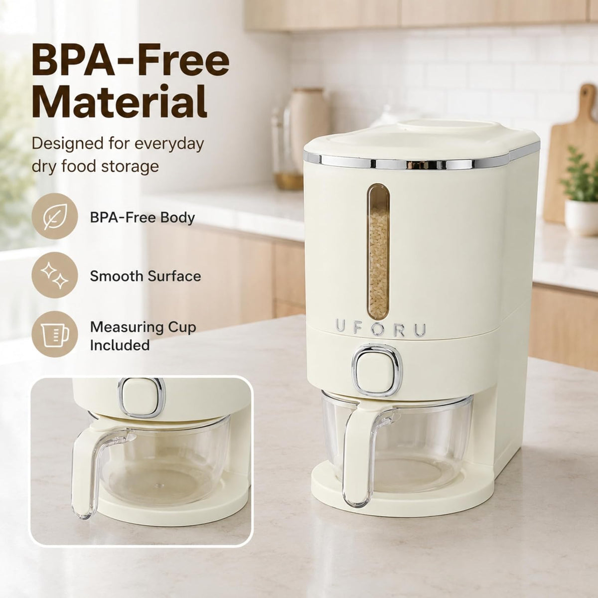 ROOM127 Slim Rice Dispenser with Measuring Cup - 11-15 lb, Cream White