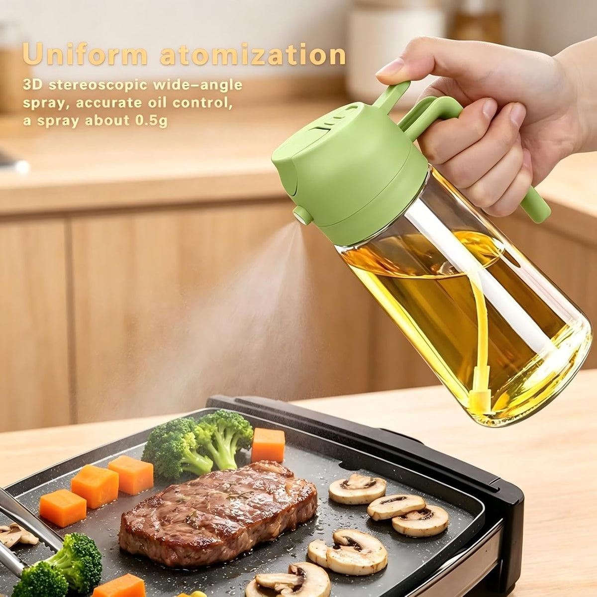 2 in 1 Olive Oil Spray for Cooking, 470ml/16oz Oil Dispenser for Kitchen and Home, Olive Oil Dispenser Bottle for Air Fryer, Salad, BBQ (Green)