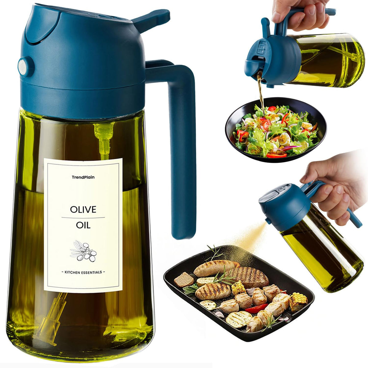 TrendPlain - Original 16oz/470ml Olive Oil Dispenser Bottle for Kitchen Gadgets and Air Fryer Accessories - Olive Oil Sprayer for Cooking w/Stickers - Black