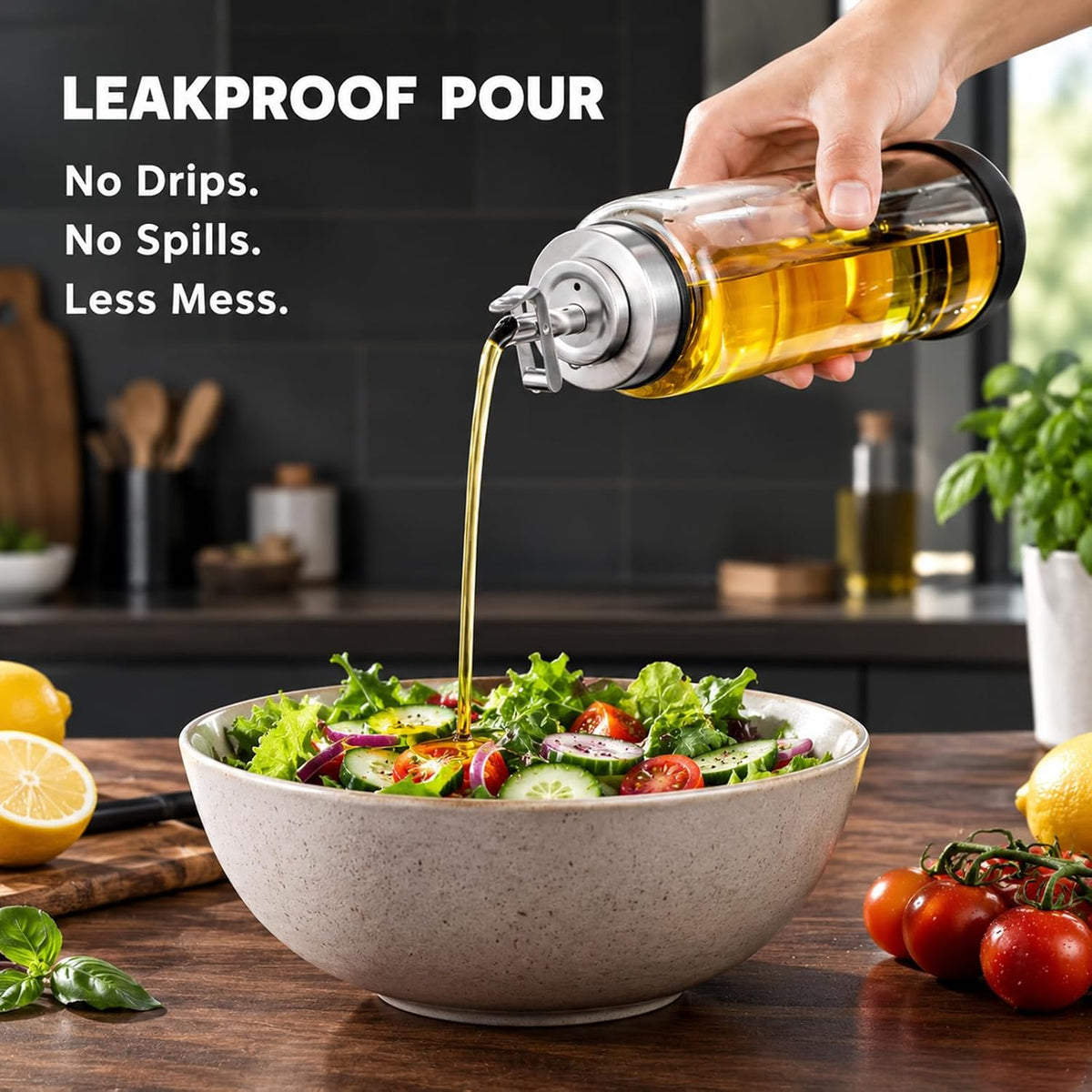 Glass Olive Oil Dispenser Bottle for Kitchen 17 oz Leakproof & Shatterproof
