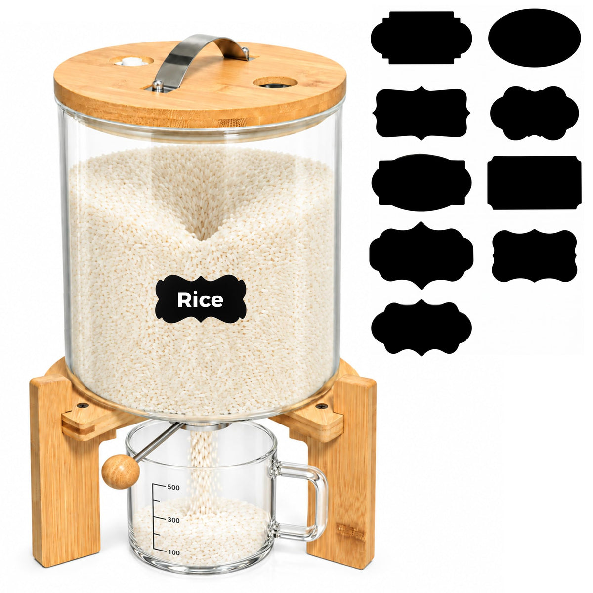 Glass Rice Dispenser, 5L Airtight Rice Container with Measuring Cup & Label