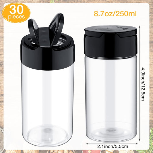 Mimorou 8.7 oz 30 Pack Plastic Spice Jars with Shaker Lids Clear Seasoning Containers Spice Bottles for Kitchen Storing Herbs Seasoning Powders (Cylinder)