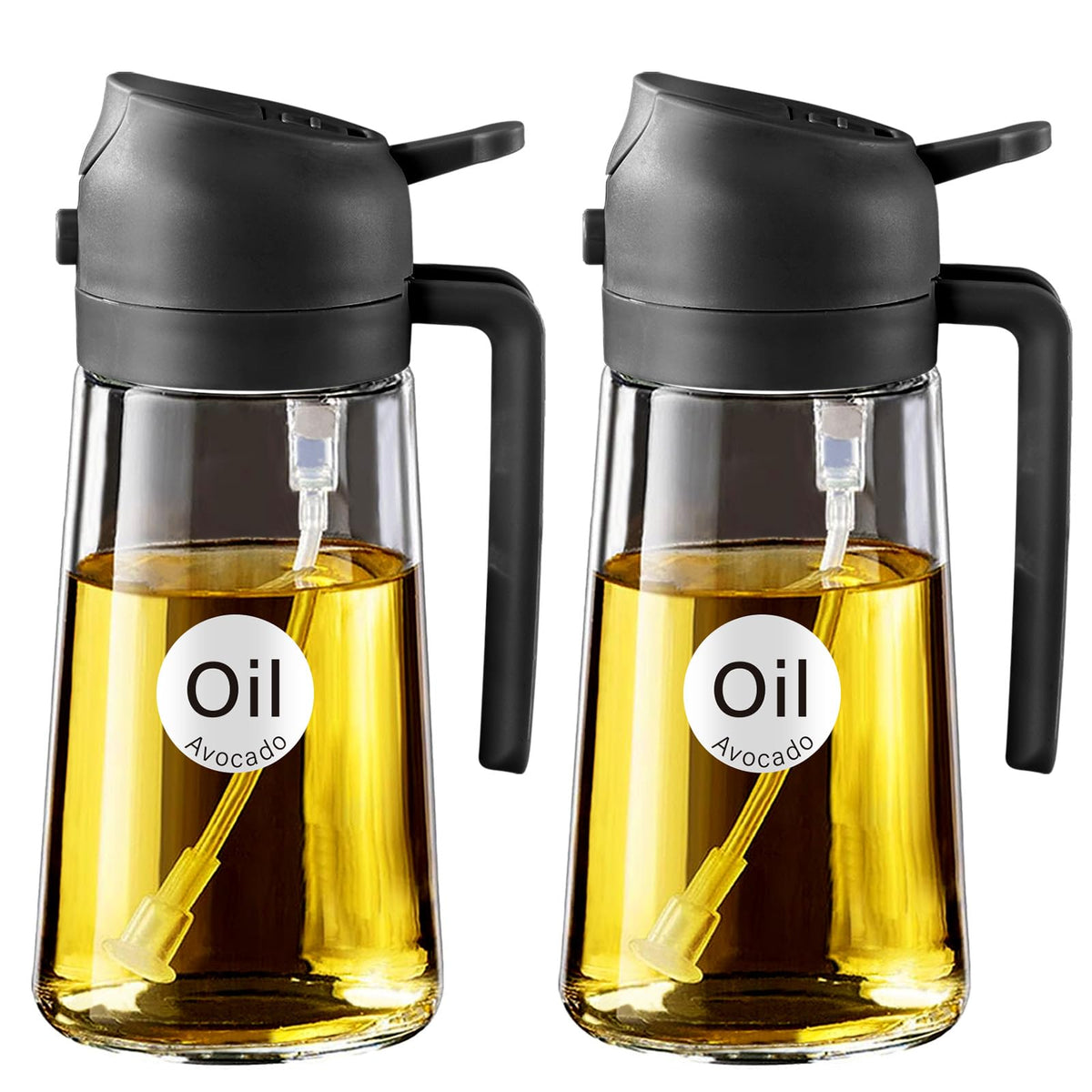 YARRAMATE Olive Oil Dispenser, 2 in 1 Oil Sprayer for Cooking, 16oz/470ml Glass Oil Spray Bottle with Pourer, Food-grade Oil Dispenser and Oil Sprayer for Kitchen, Salad, Frying, BBQ (Black & Green)