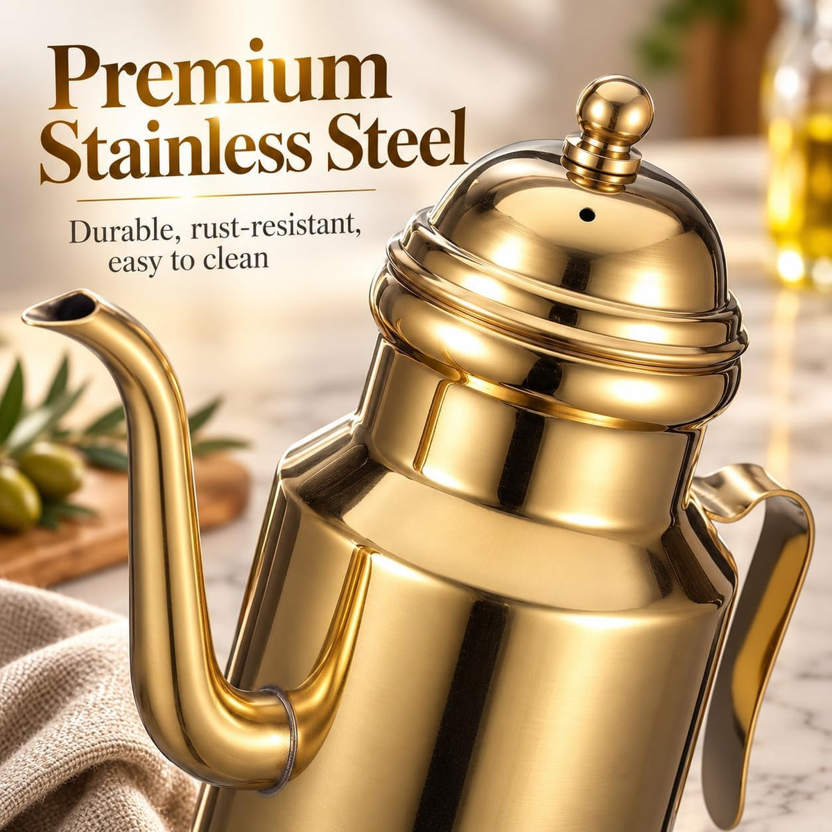 Cabilock Oil Dispenser Vinegar Dispenser Bottle 15.22oz Stainless Steel Oil Can Container with Handle for Kitchen Restaurant Cooking BBQ Golden