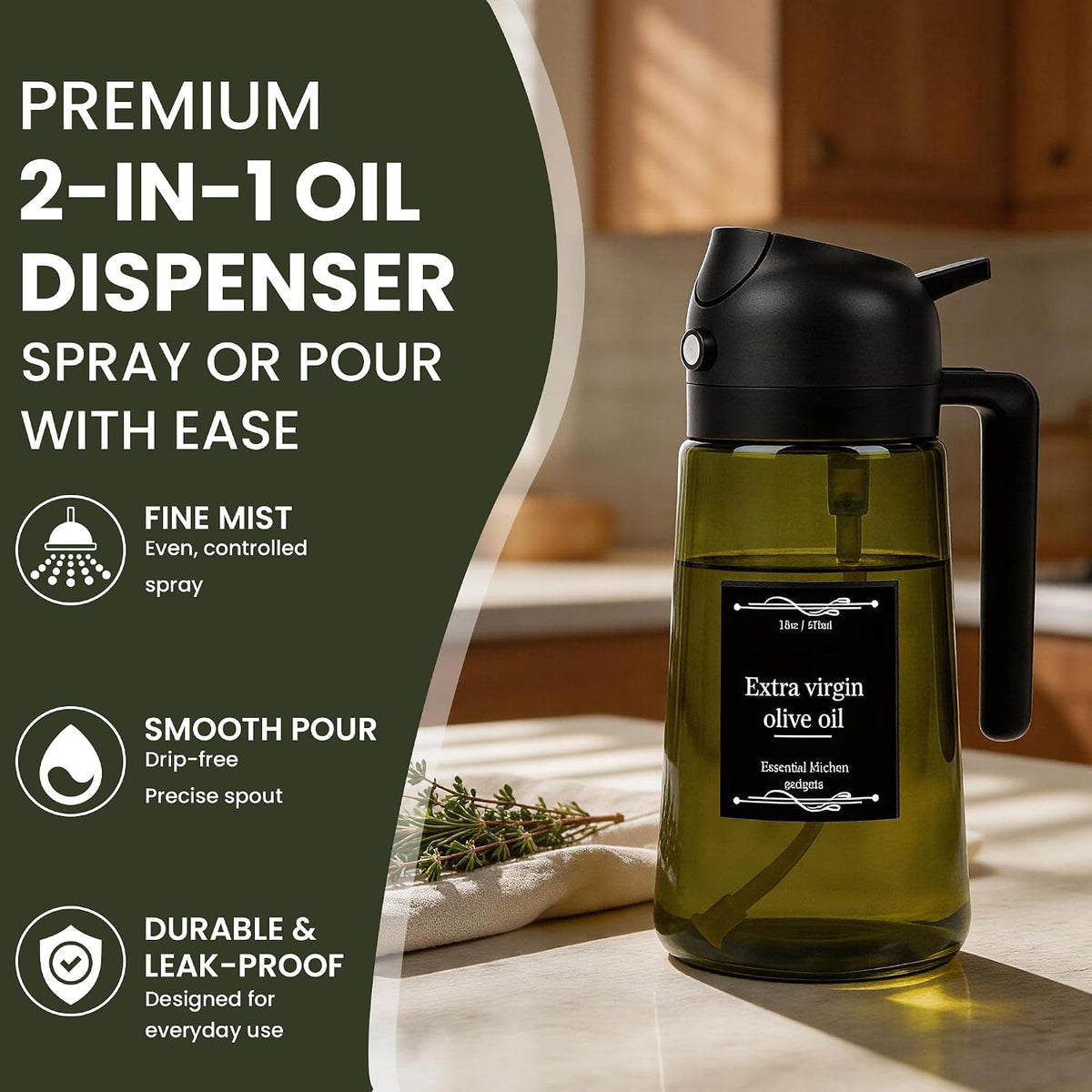 Oil Dispenser Glass Bottle, 16oz/470ml, 2-in-1 Oil Sprayer and Pourer, Clear Glass with Light-Blocking Dark Exterior Coating, for Cooking, Air Fryer, Salad, BBQ (Black)