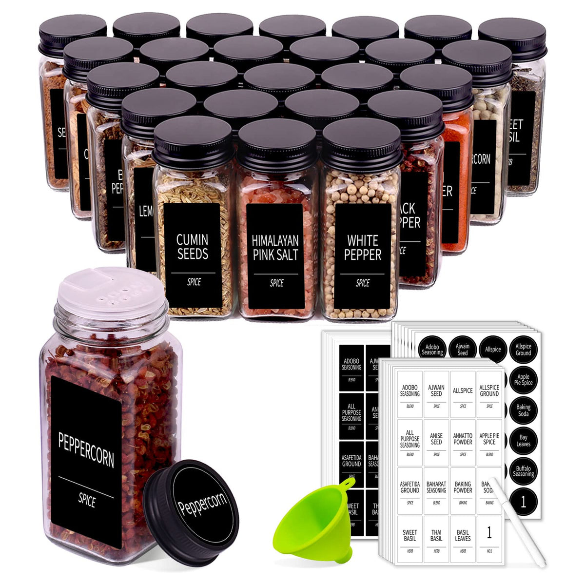 Churboro 48 Pack Glass Spice Jars with Labels, 4oz Spice Containers