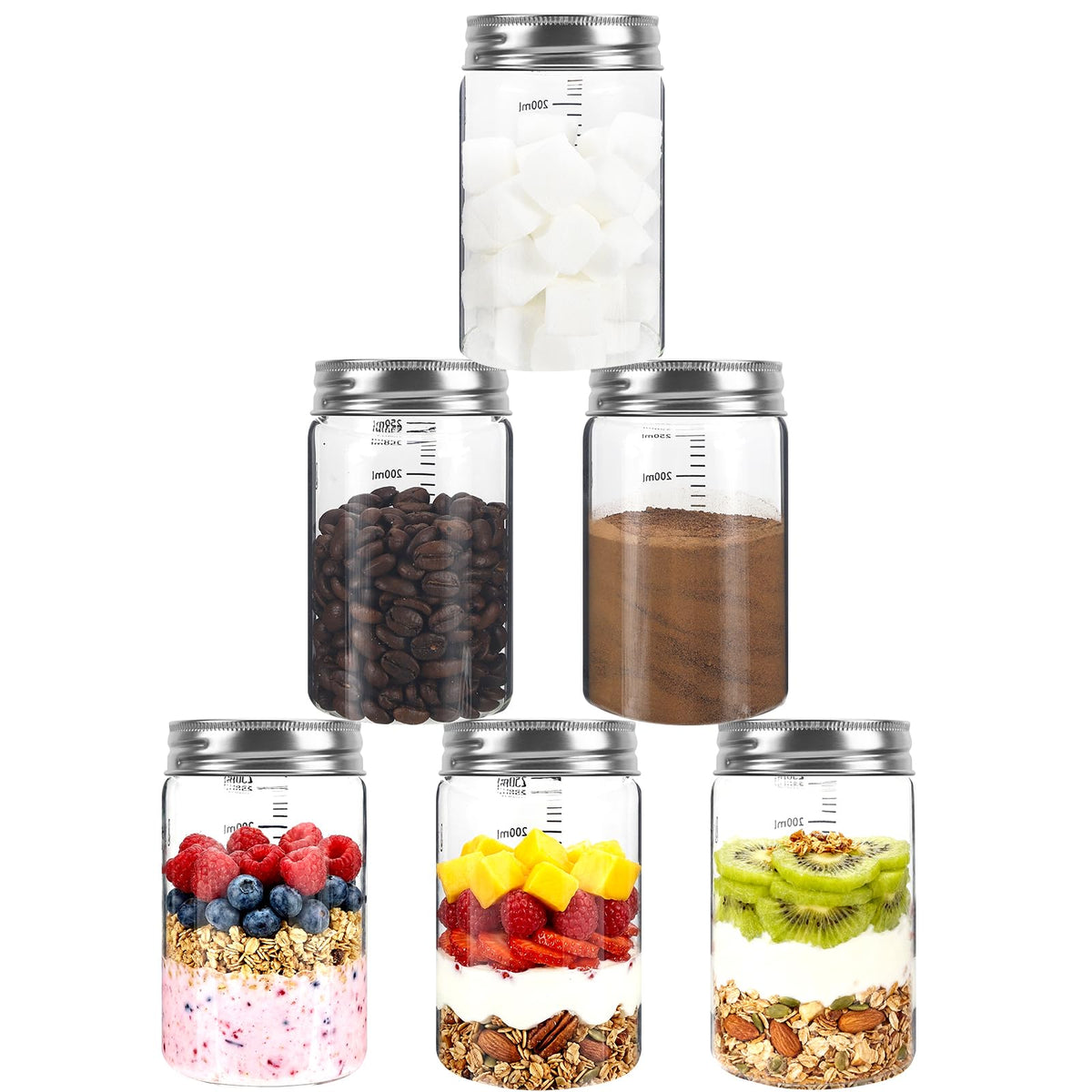 6 pc Glass Spice jars Glass Jars with Screw Lid 5 oz Acacia Wood Glass Herb Sugar Coffee Bean Ground Container Food Storage Canister for Candy Pantry Tea Seasoning Meal Prep Snack (6*150ml(5oz))