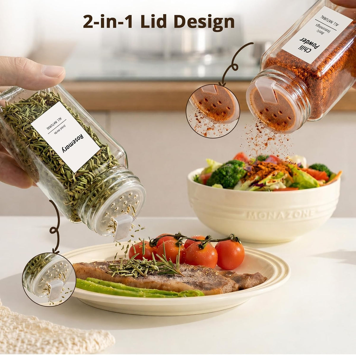 SHOWIN Spice Jars with Label, 4oz Spice Containers with Bamboo Lids 12pcs, Glass Spice Jars with Lids, Square Seasoning Containers for Rack, Cabinet, Drawer, Home Kitchen Seasoning Organizer