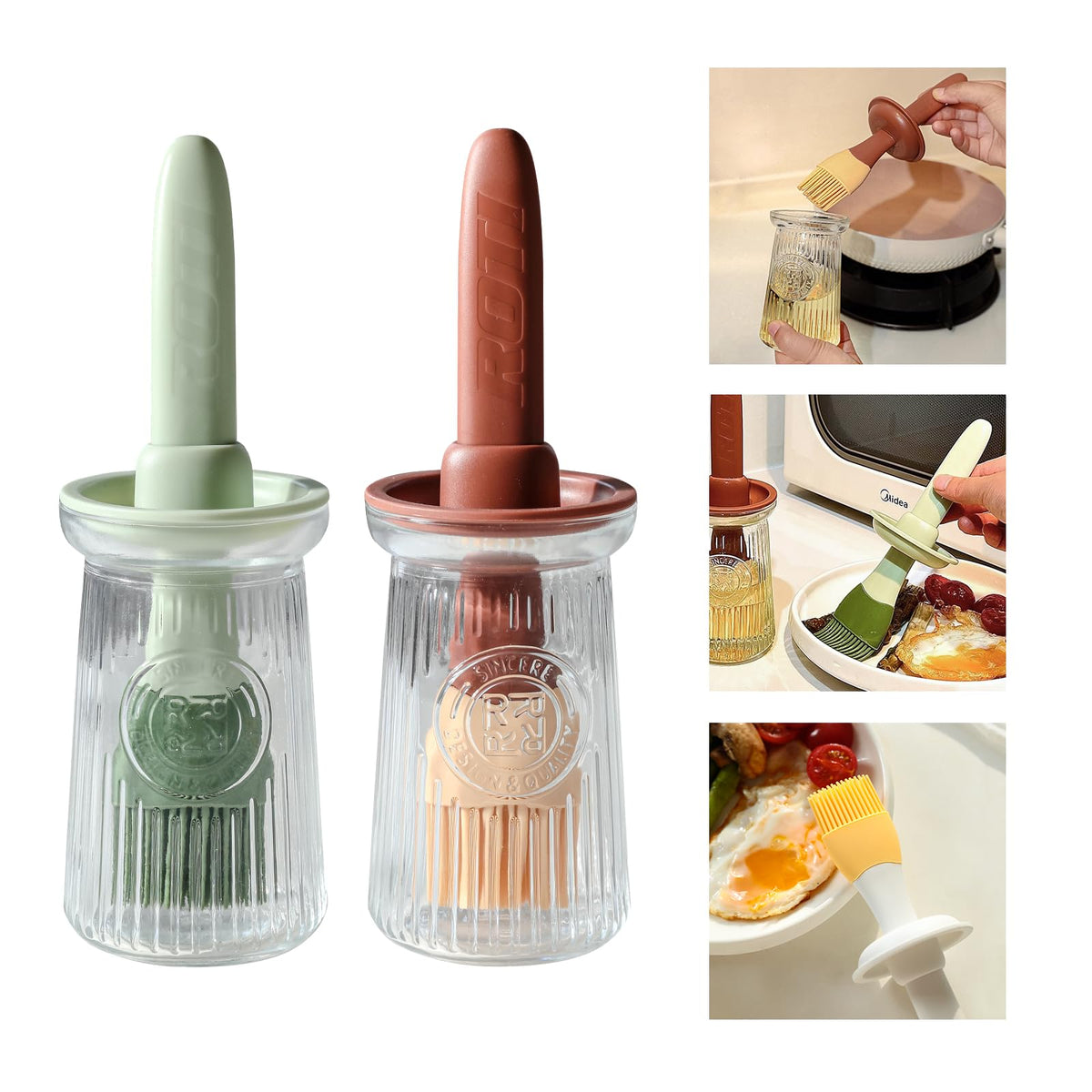 Oil Dispenser with Brush - Glass Olive Oil Dispenser for Kitchen, 3 IN 1 Oil Dispenser Bottle with Silicone Basting Brush for Cooking Vinegar Sauce BBQ Grill Frying (White)