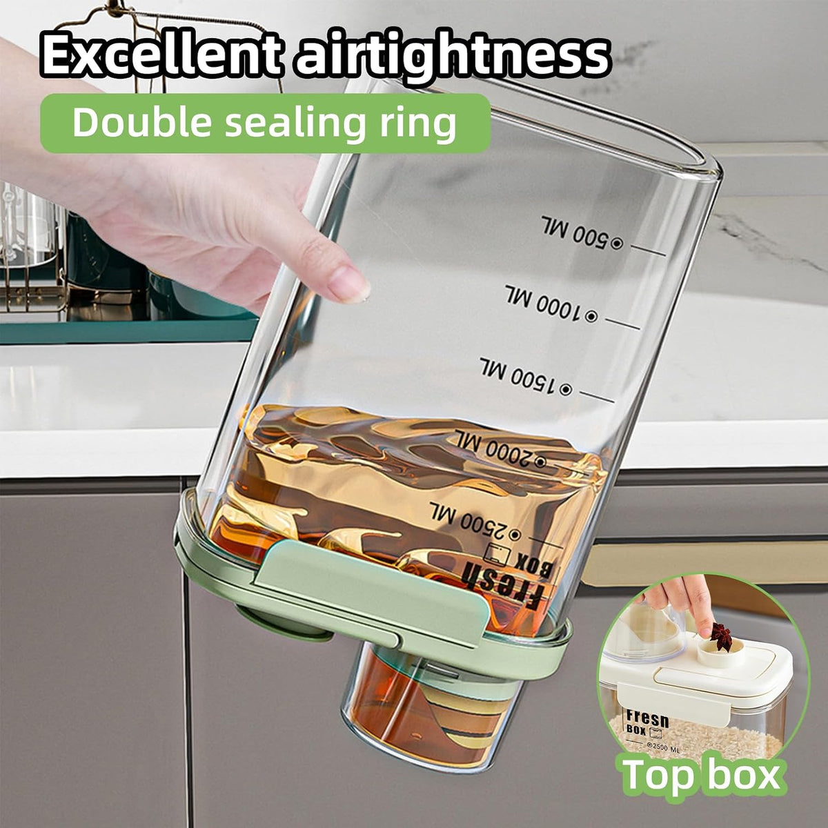 Airtight Rice Storage Container,with Pour Spout & Measuring Cup, BPA-Free - Transparent Dry Food Canister for Cereal, Flour, Pet Food, Oatmeal, Pantry Storage (Light Grass Green, 1600ml)