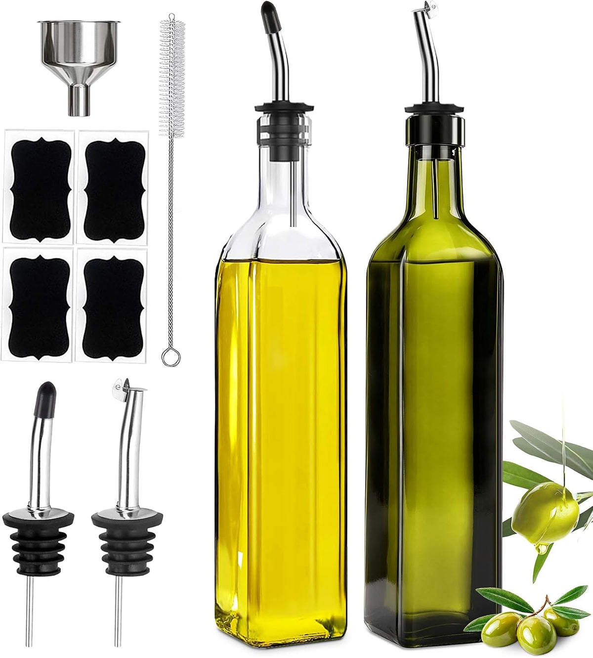 Leaflai Olive Oil Dispenser Bottle, 2 Pcs Glass Olive Oil Dispenser and Vinegar Dispenser Set with 2 Stainless Steel Pourers, 4 Labels,1 Brush and 1 Funnel Oil Bottles for Kitchen (500ml)