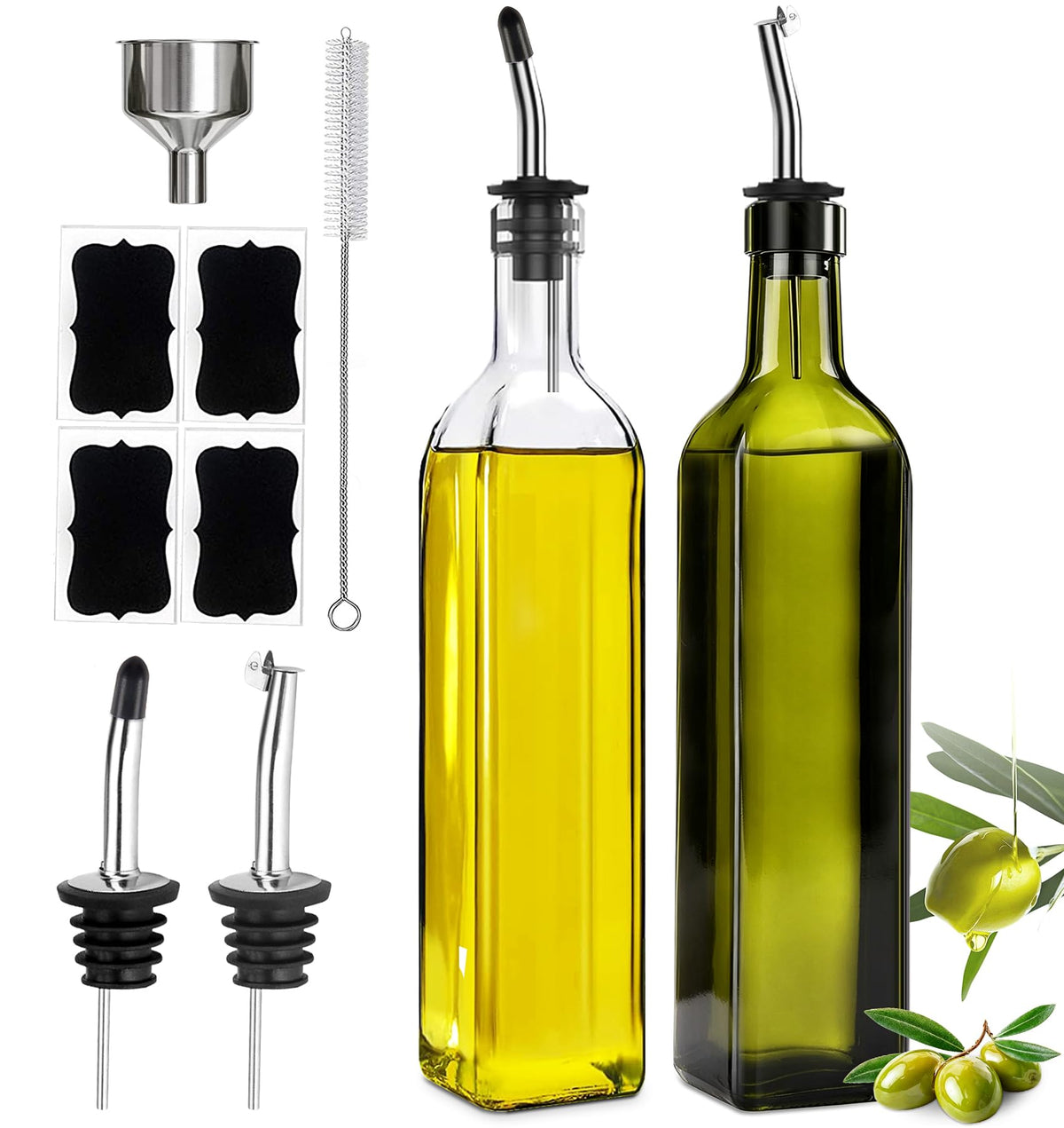 Leaflai Olive Oil Dispenser Bottle, 2 Pcs Glass Olive Oil Dispenser and Vinegar Dispenser Set with 2 Stainless Steel Pourers, 4 Labels,1 Brush and 1 Funnel Oil Bottles for Kitchen (500ml)