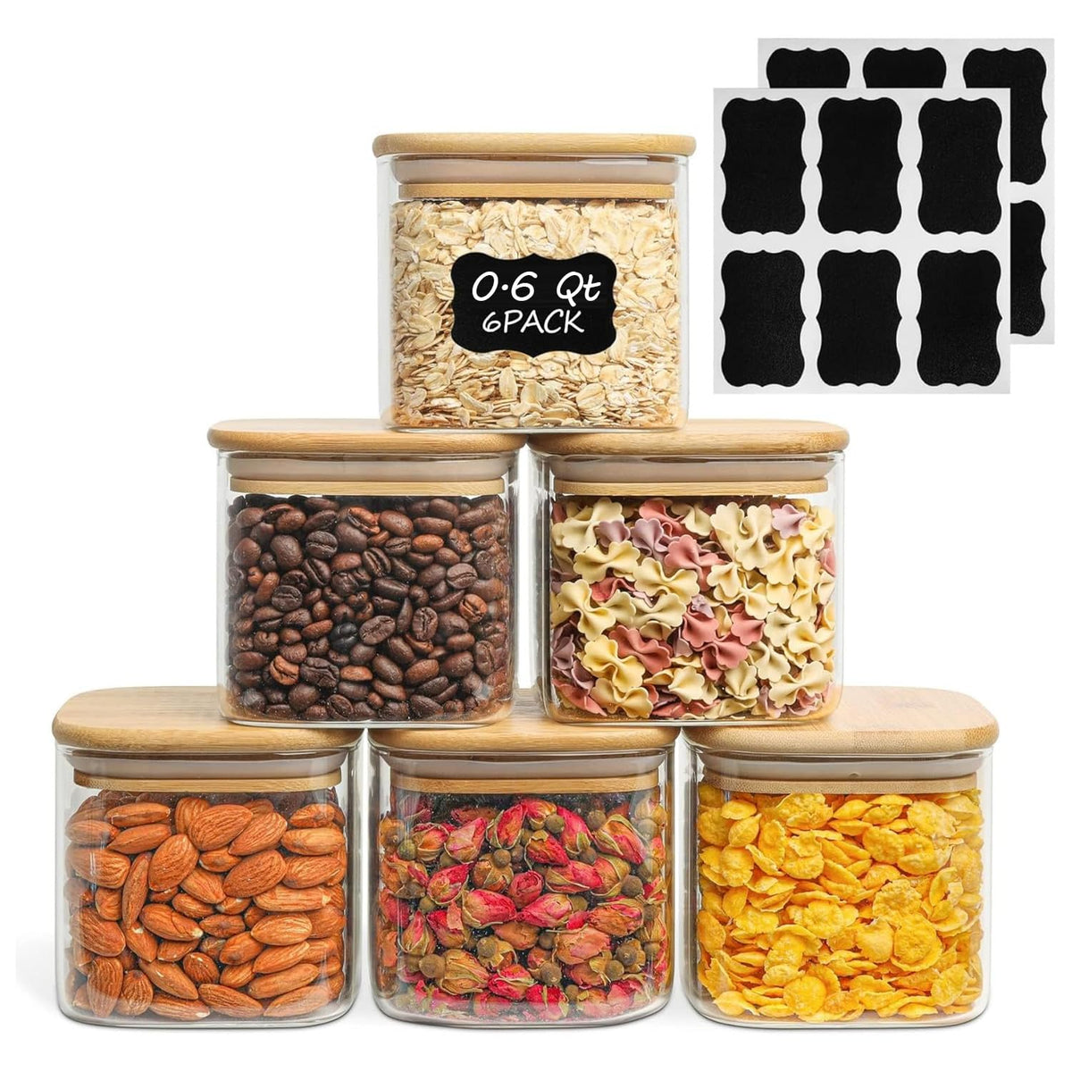 ComSaf Glass Pantry Storage Containers (0.7Qt/1.2Qt/1.6Qt) Set of 6, Square