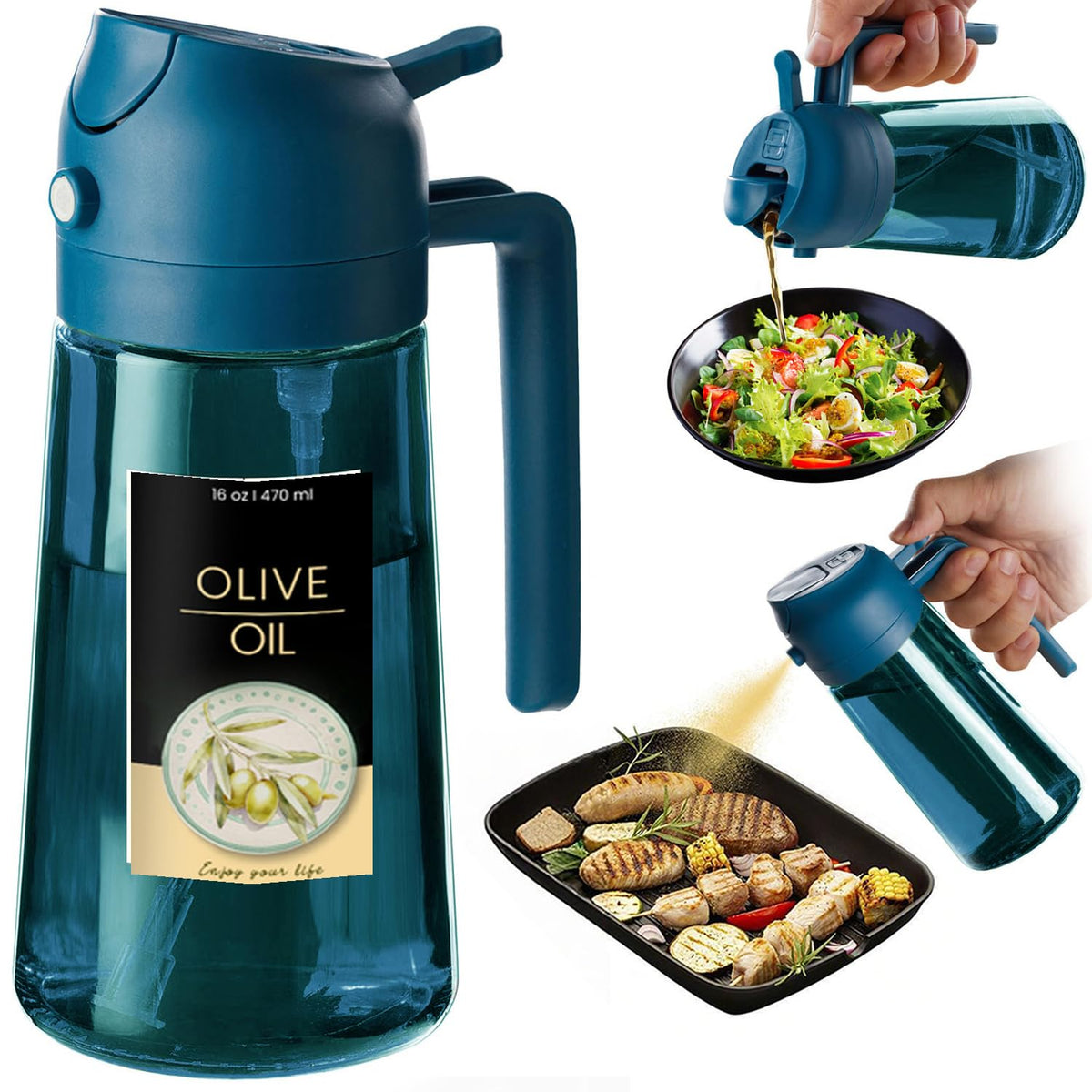 TrendPlain 16oz/470ml Blue Glass Olive Oil Sprayer for Cooking - 2 in 1 Olive Oil Dispenser for Kitchen Gadgets, Air Fryer, Salad, and BBQ (1 Pack, Black & Navy)