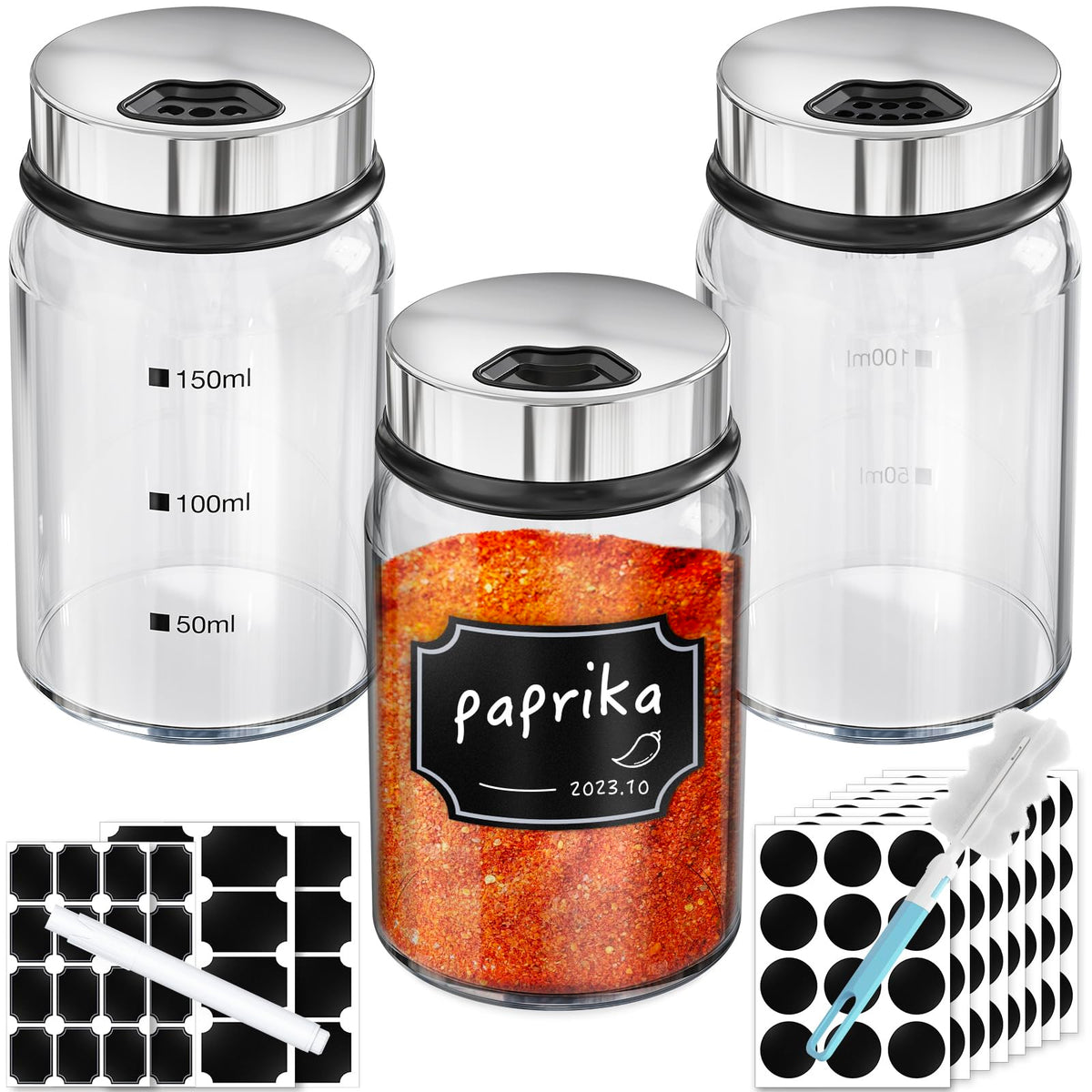 Segarty Spice Jar with Shaker Lids, 3 Pack 6 oz Spice Jars with Adjustable Pour Large Holes for Herbs Grains, Empty Glass Spices Bottles Seasoning Containers Clear Salt Pepper Shakers