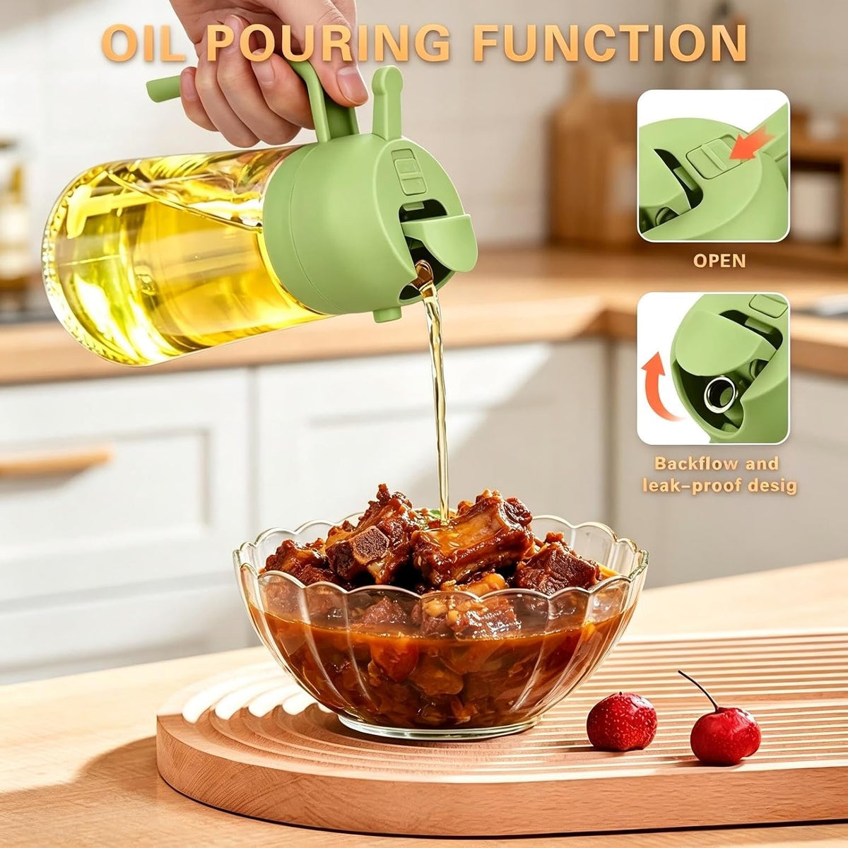 2 in 1 Olive Oil Spray for Cooking, 470ml/16oz Oil Dispenser for Kitchen and Home, Olive Oil Dispenser Bottle for Air Fryer, Salad, BBQ (Green)