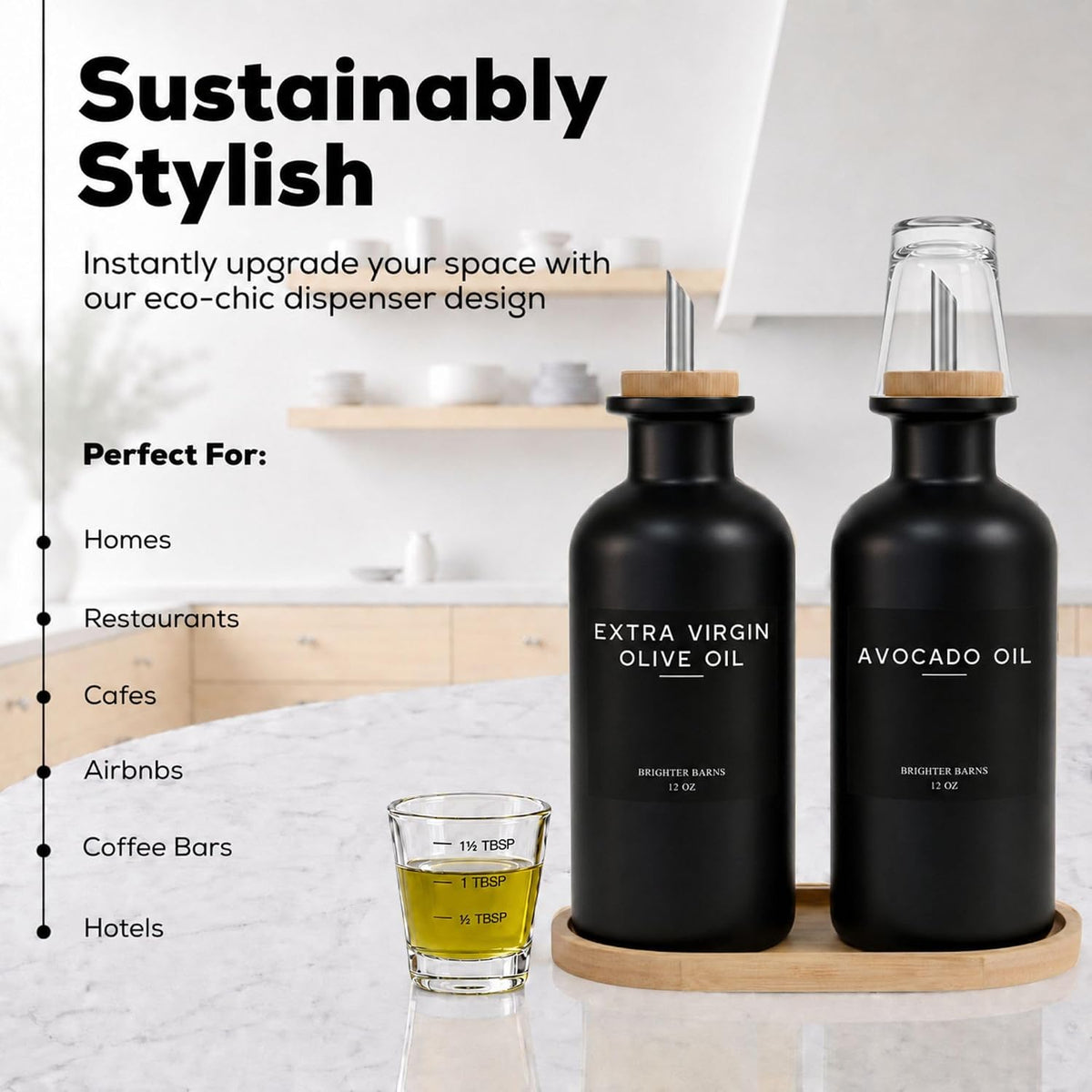 Brighter Barns Black Glass Olive Oil Dispenser Bottle for Kitchen - 12 oz Oil and Vinegar Dispenser, Soy Sauce Bottle - Farmhouse Kitchen Decor for Restaurant, Hotel, Coffee Bar Accessories (Black)
