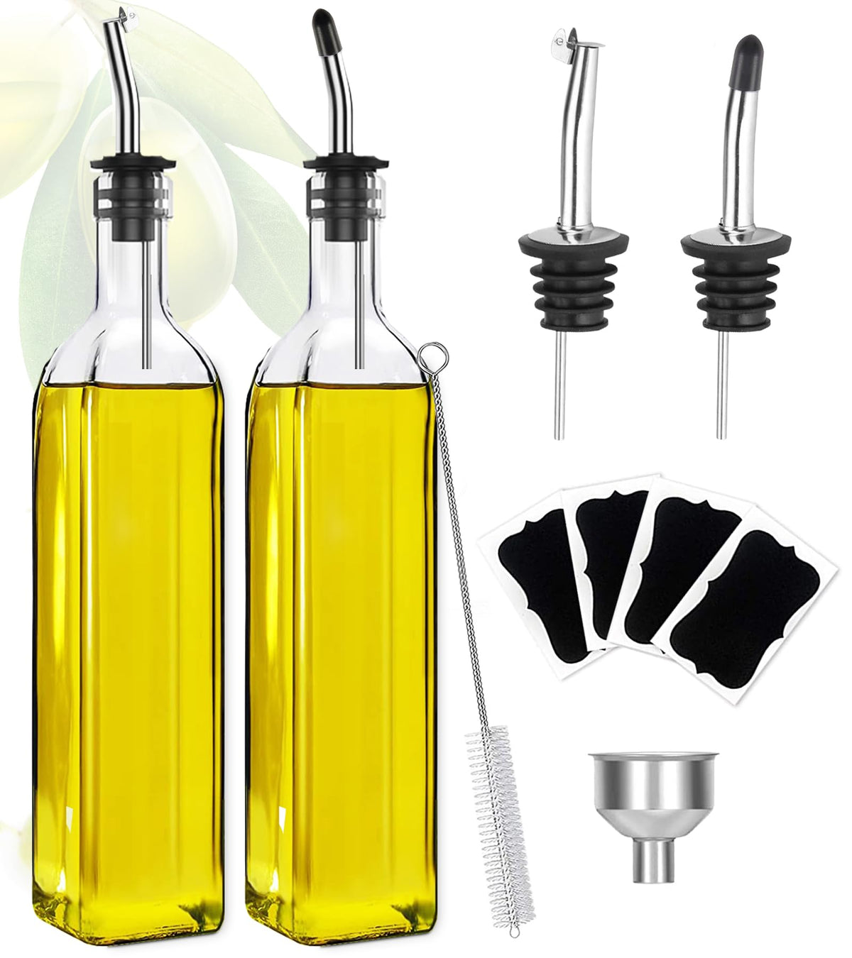 Showvigor Olive Oil Dispenser, 17oz/500ml Square Tall Glass Container With 2 Stainless Steel Pourers, 2 Labels, 1 Brush and 1 Funnel for Kitchen