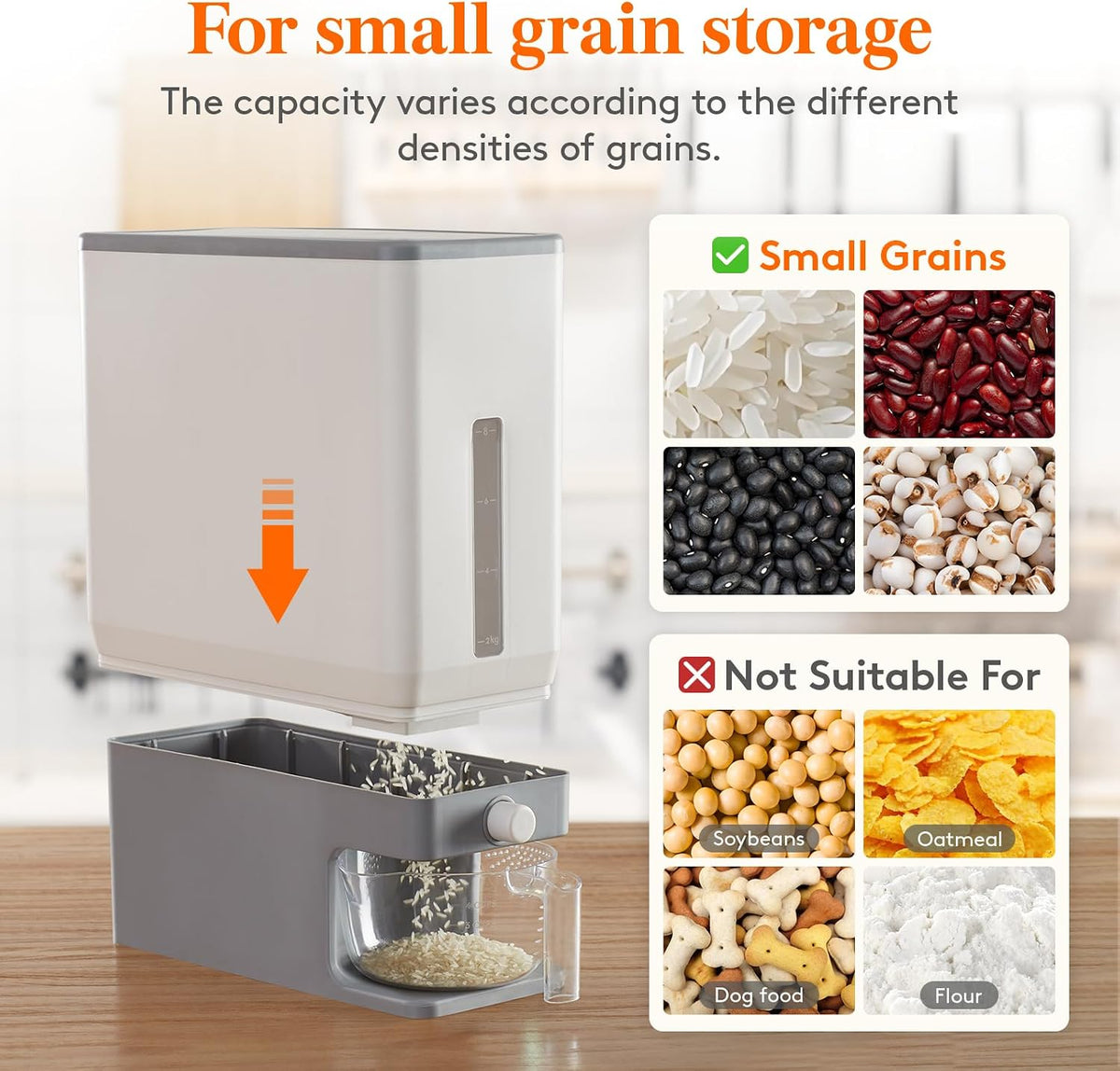 Lifewit Rice Container 29 Lbs, One-Press Dispenser with Measuring Cup 2 Pcs