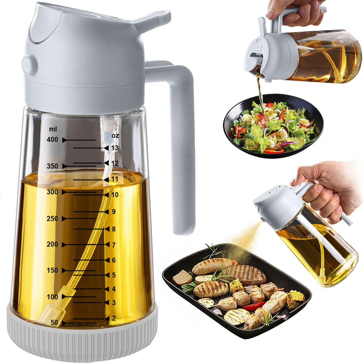 TrendPlain 16oz/470ml Glass Olive Oil Sprayer for Cooking – 2 in 1 Olive Oil Dispenser Bottle for Kitchen Gadgets and Air Fryer Accessories, Salad, BBQ - White