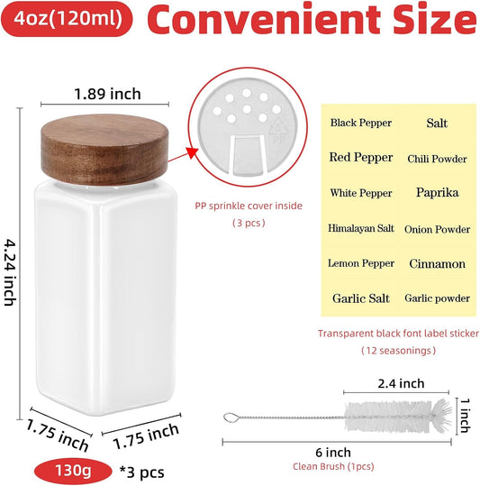 3Pcs 4 oz Square Glass Spice Jars with Label, Empty Spice Containers with Wooden Lids, Square Seasoning Containers and Supplement Set, Small Seasoning Bottles for Salt, Sugar, Pepper (White)
