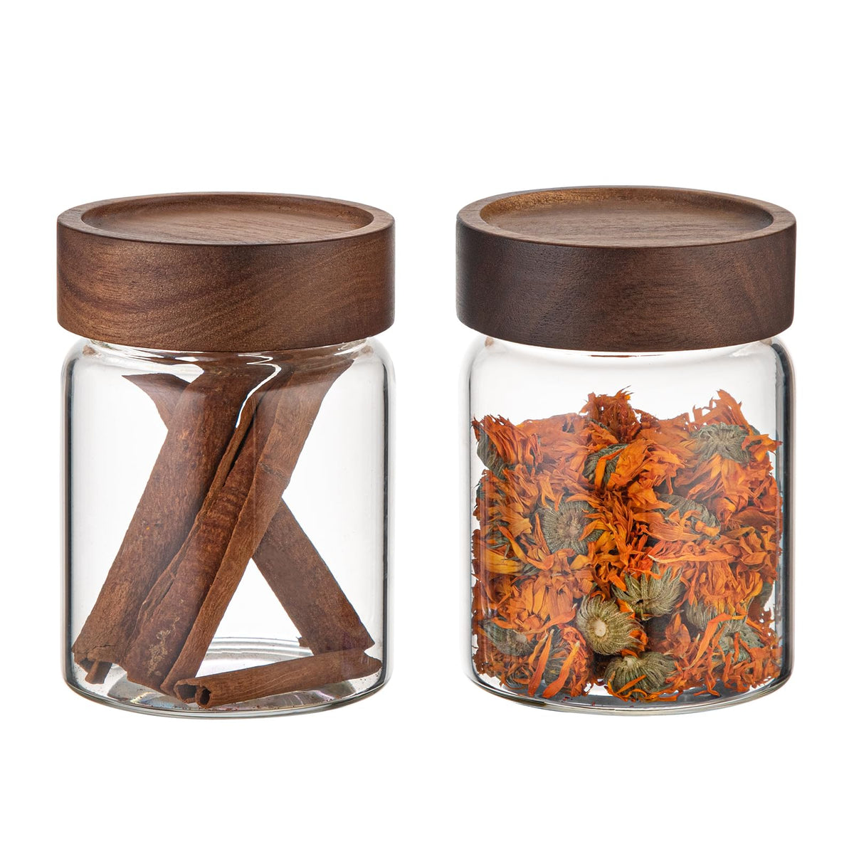 6 pc Glass Spice jars Glass Jars with Screw Lid 5 oz Acacia Wood Glass Herb Sugar Coffee Bean Ground Container Food Storage Canister for Candy Pantry Tea Seasoning Meal Prep Snack (6*150ml(5oz))