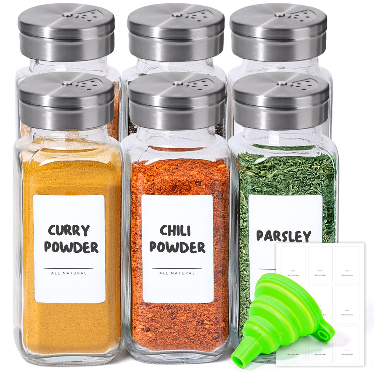 ComSaf Glass Spice Jars with Shaker Lids 8 oz 6 Pack Square