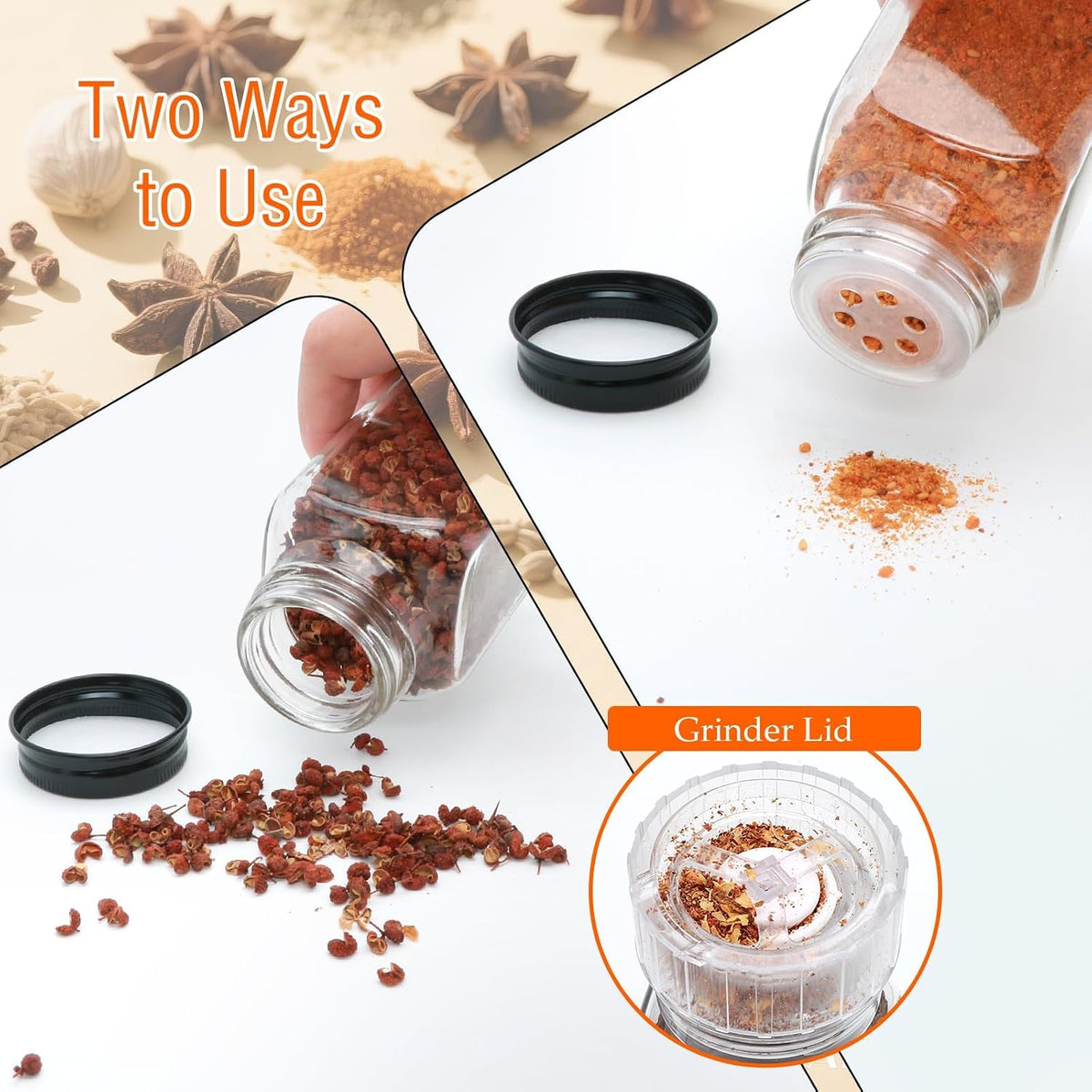 15 Pack 8oz Glass Spice Jars with Grinders, Square Spice Bottles