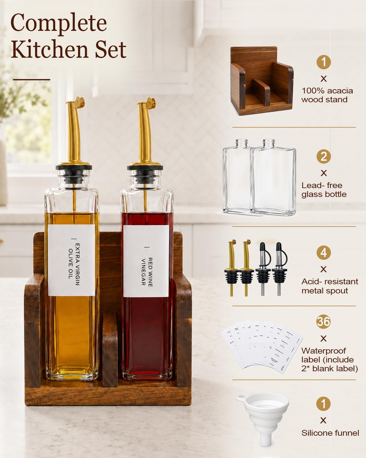 Glass Oil and Vinegar Dispenser Set with Acacia Wood Stand, 2 Pack 12 oz