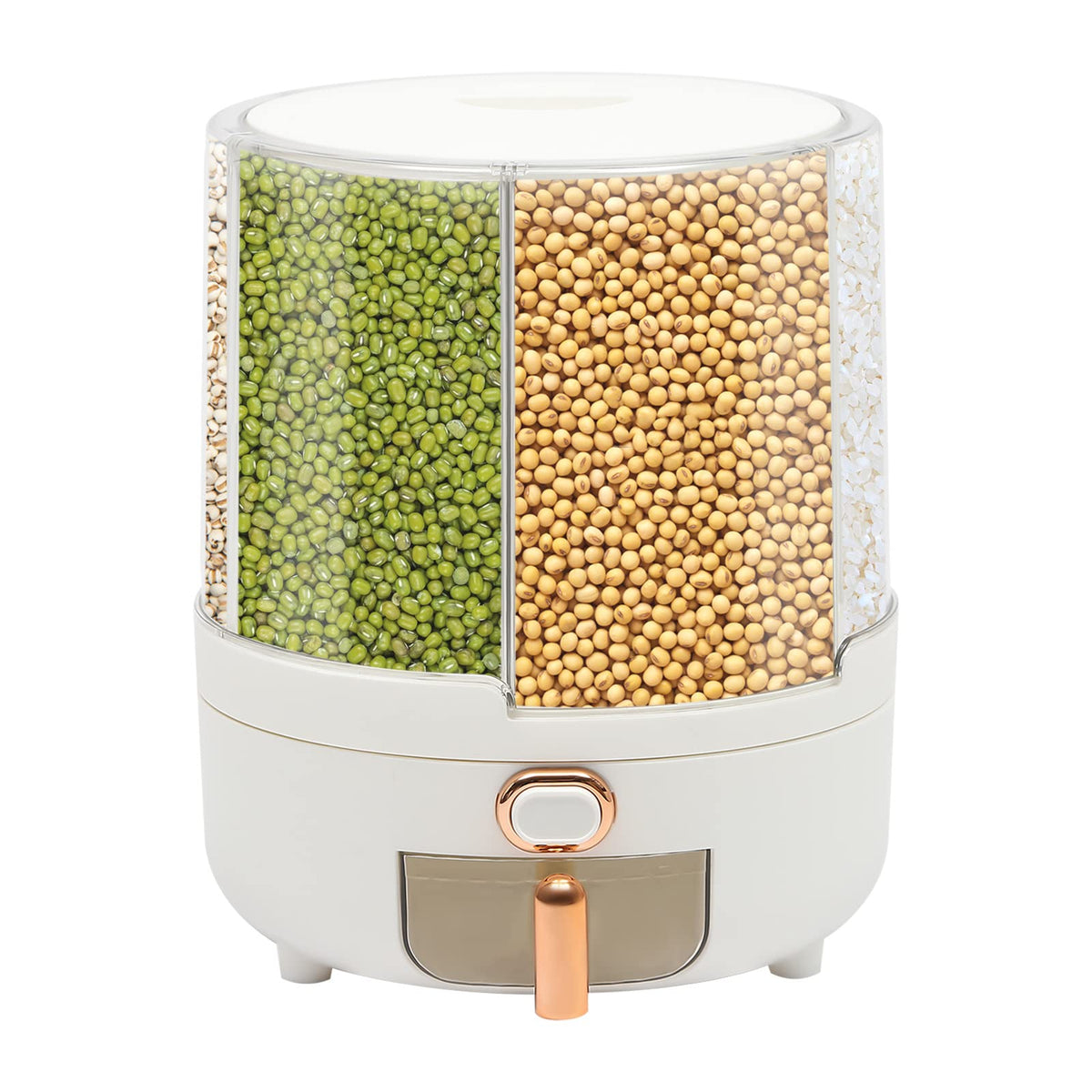 Cereal Dispenser Countertop 360° Rotating Grain Storage Container 13.2-27.56 Lbs Rice Dispenser 6 Grids Dry Food Dispenser Candy Dispensers for Grains, Beans, Rice (White+Clear, 14.33Lbs)