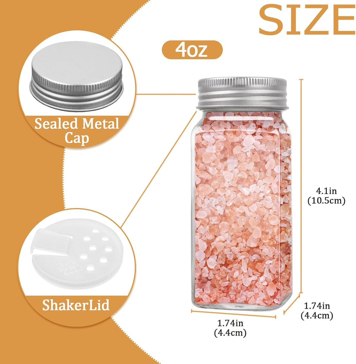 ZUFECY Glass Spice Bottles 6-Pack, 4oz with Shaker Lids for Salt Pepper