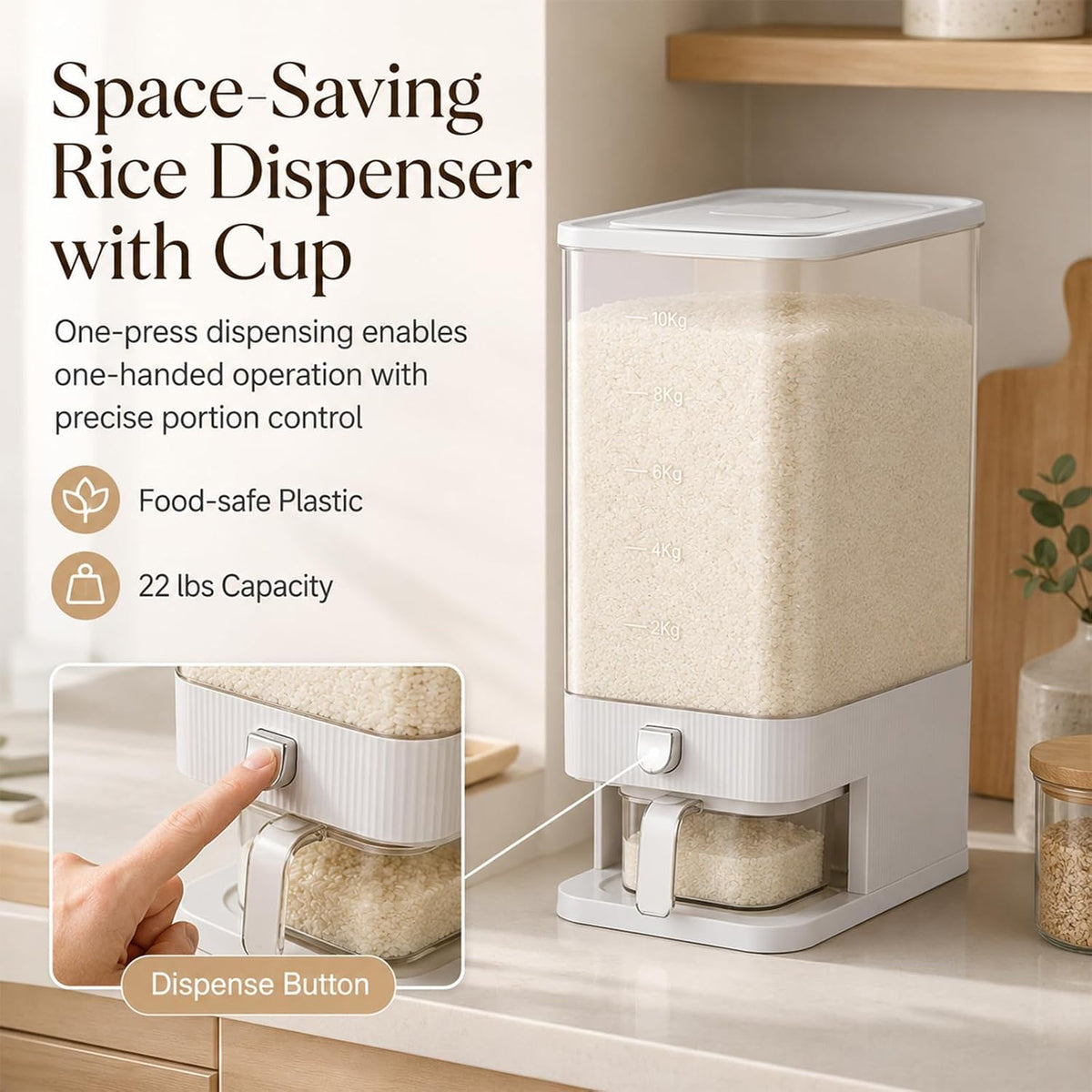 Varku Rice Dispenser, 22 Lbs Large-capacity Rice Storage Container with Measuring Cup, One-Click Press Cereal Dry Food Storage Container for Kitchen Pantry Organization, 11.5 x 6.6 x 16.5 in