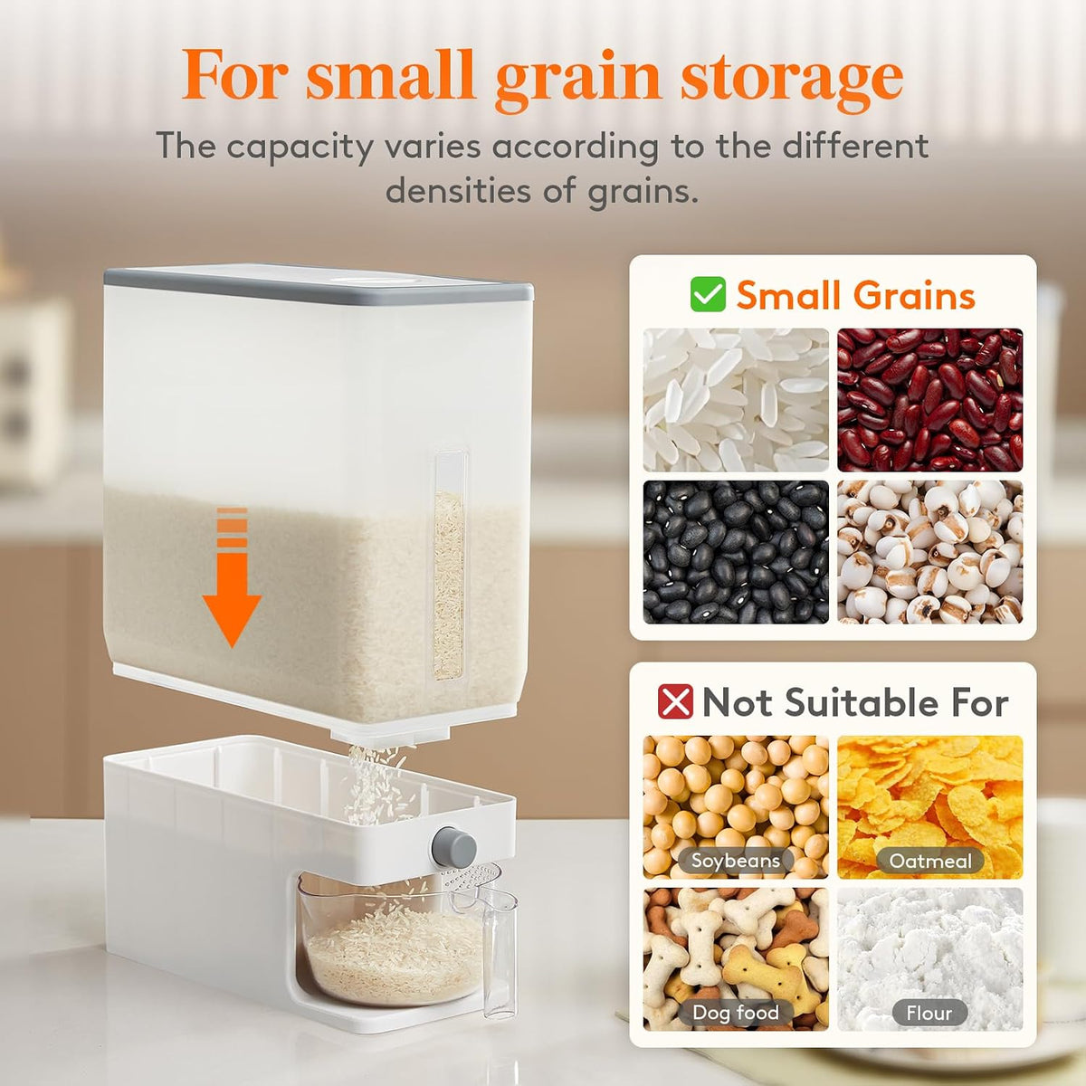 Lifewit Rice Container 29 Lbs, One-Press Dispenser with Measuring Cup 2 Pcs