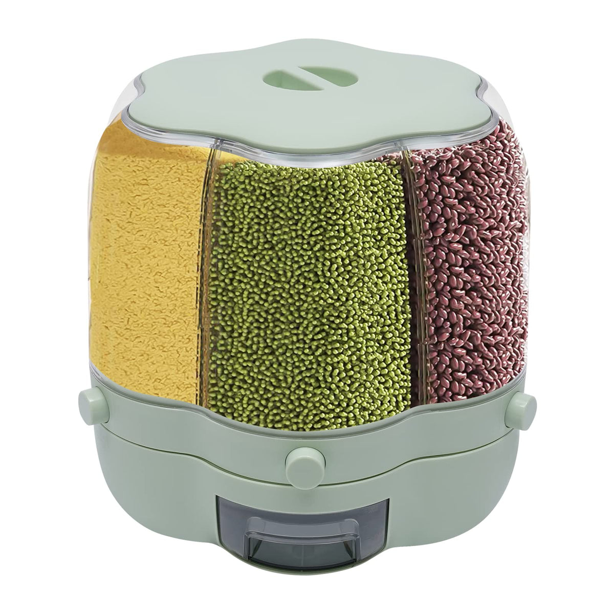 Cereal Dispenser Countertop 360° Rotating Grain Storage Container 13.2-27.56 Lbs Rice Dispenser 6 Grids Dry Food Dispenser Candy Dispensers for Grains, Beans, Rice (White+Clear, 14.33Lbs)