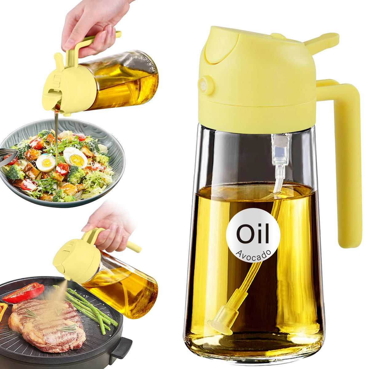 YARRAMATE 16oz/470ml Glass Olive Oil Sprayer for Cooking with Stickers, 2 in 1 Oil Dispenser for Kitchen Gadgets, Food Grade Premium Spray Bottle with Portion Control for Salad, Frying, BBQ (Green)