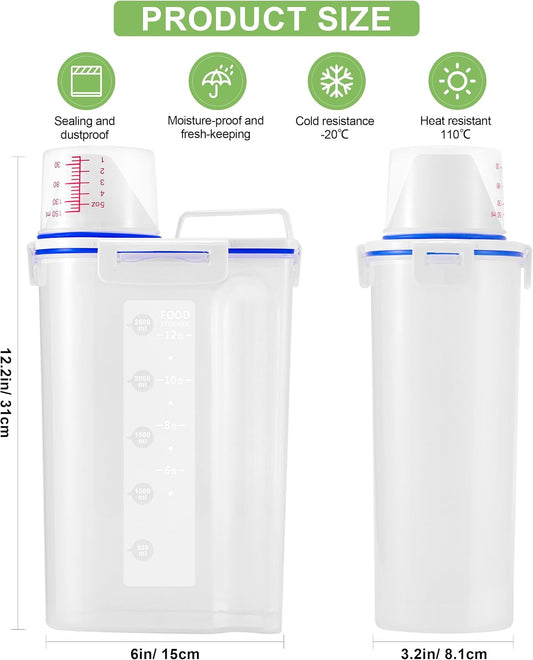 2 Pcs 5.5Lbs Rice Storage Container, Rice Container with Measuring Cup & Pour Spout, Kitchen Plastic Airtight Container for Cereal, Grain, Flour, Sugar, Oatmeal, Dry Pet Dog Food