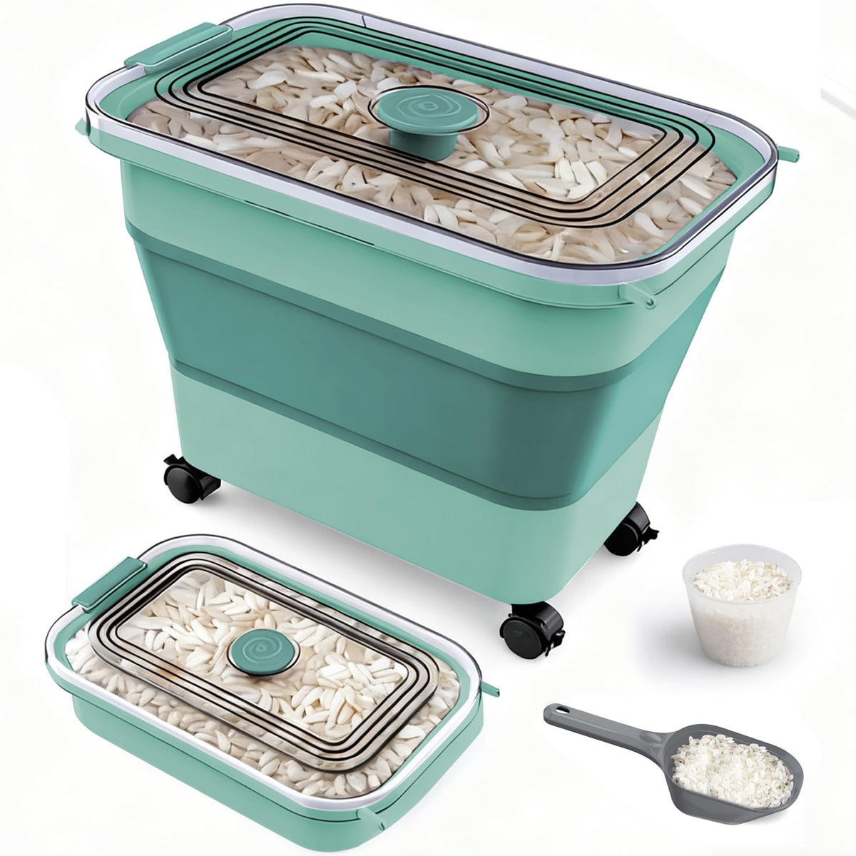 Komzon Rice Storage Container, Collapsible Airtight Food Storage Containers 6-20 Lbs, Rice Dispenser with Measuring Cup and Small Bin for Flour Cereal Pasta Grain, Cat Pet Dog Bird Food Container