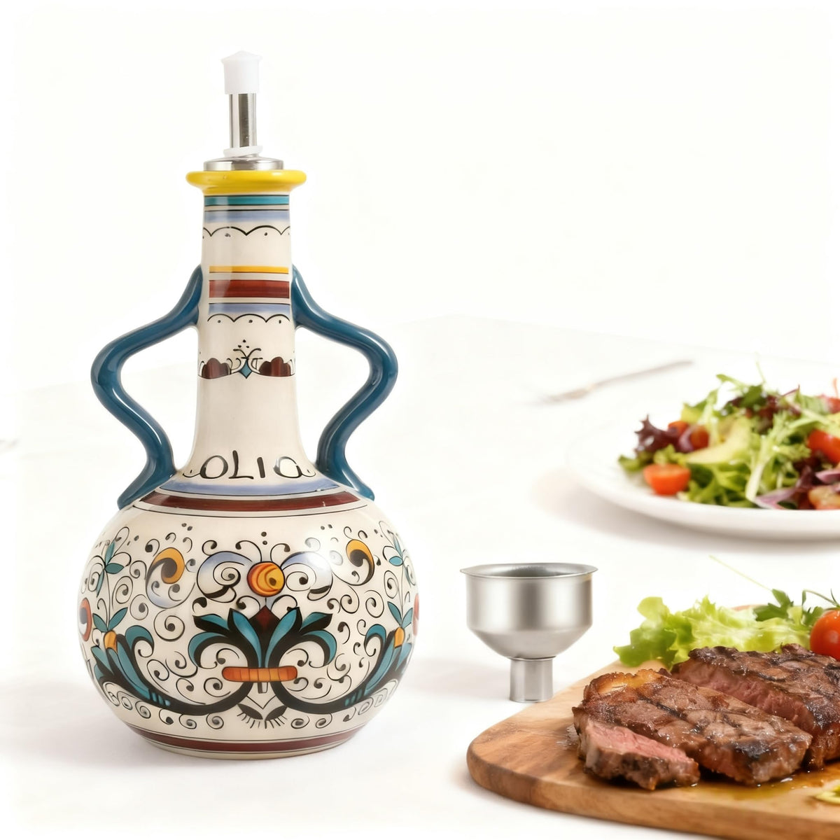 Ceramic Olive Oil Dispenser Bottle 23oz, Hand Painted Olive Oil Bottles, Decorative Stoneware Olive Oil Cruet for Kitchen with Stainless Steel Spout for Oils, Sauces, Vinegar (Llemon)