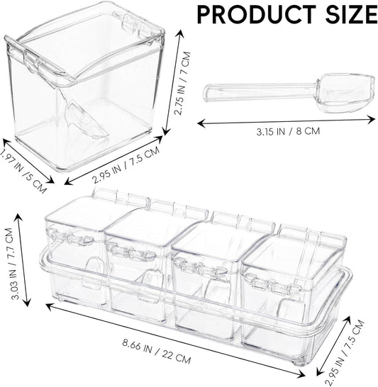 XJMWXHFC Clear Seasoning Box, 4 Pieces Seasoning Rack Spice Pots, Storage Container Condiment Jars Acrylic Seasoning Box with Covers and Spoons for Spice, Sugar, Salt, Sugar, Cardamon, Cinnamon