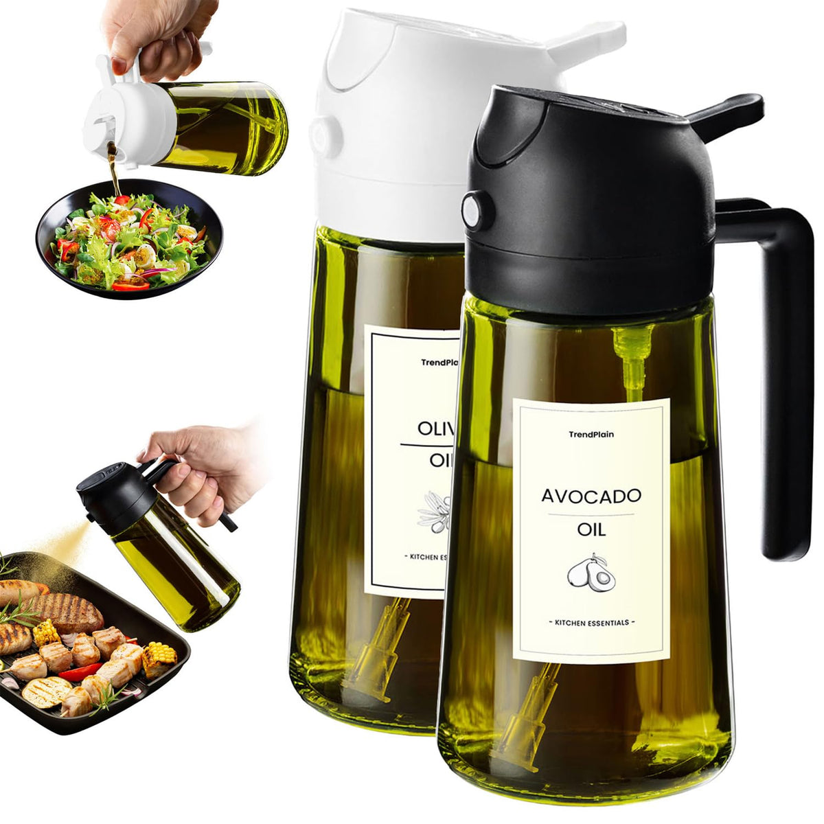 TrendPlain - Original 16oz/470ml Olive Oil Dispenser Bottle for Kitchen Gadgets and Air Fryer Accessories - Olive Oil Sprayer for Cooking w/Stickers - Black