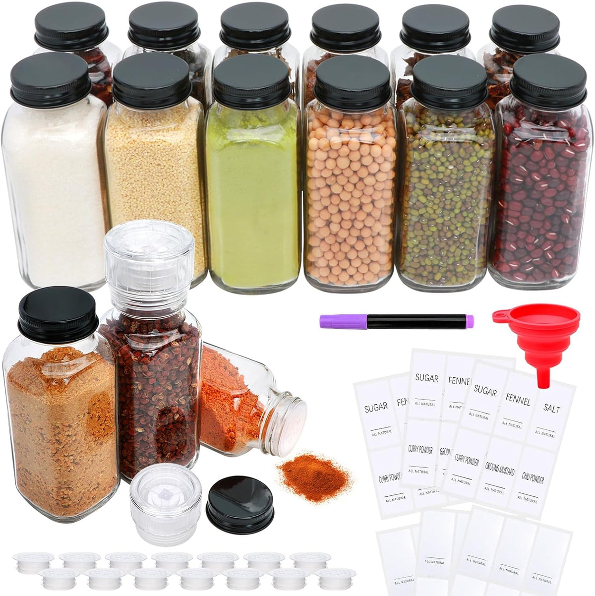 15 Pack 8oz Glass Spice Jars with Grinders, Square Spice Bottles