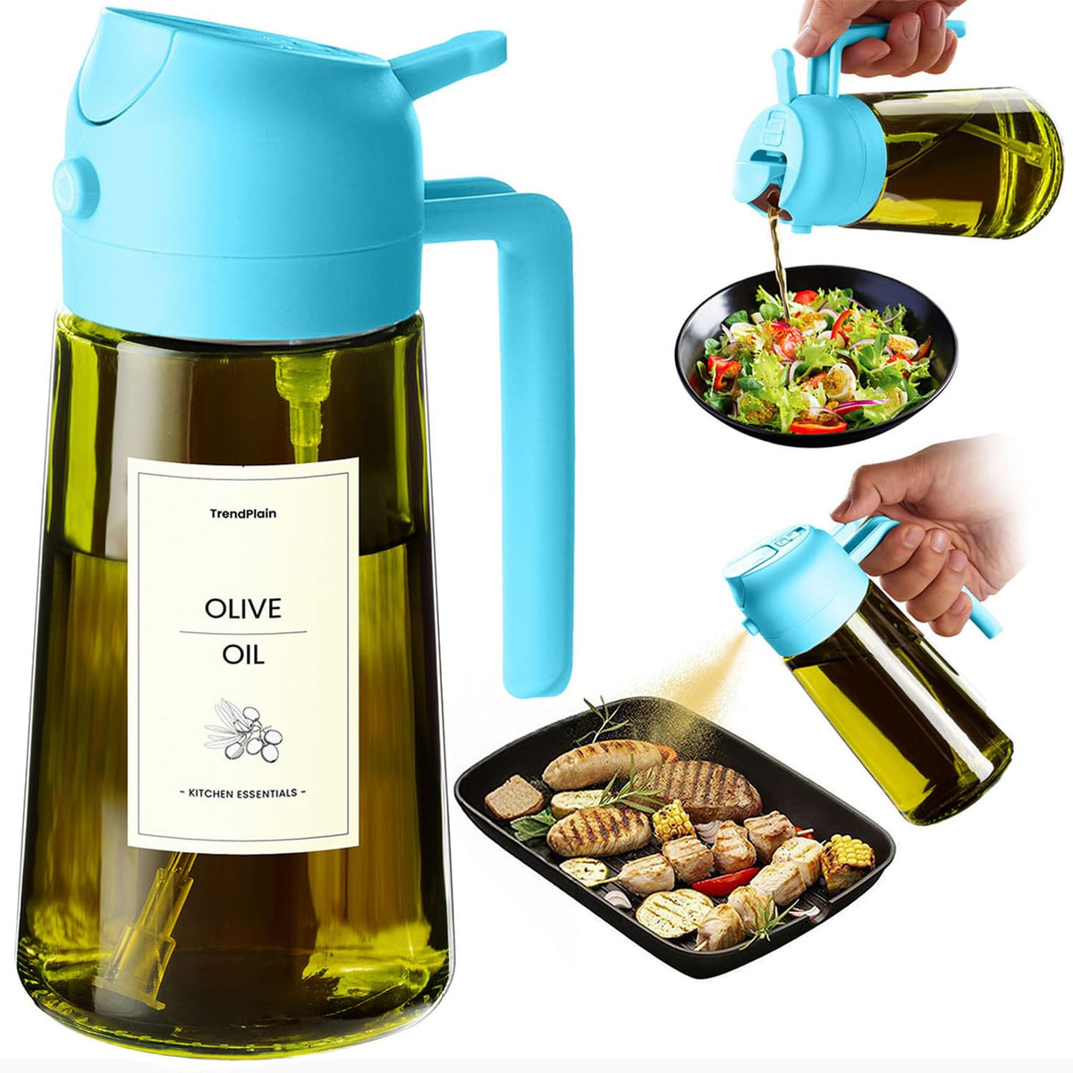 TrendPlain - Original 16oz/470ml Olive Oil Dispenser Bottle for Kitchen Gadgets and Air Fryer Accessories - Olive Oil Sprayer for Cooking w/Stickers - Black