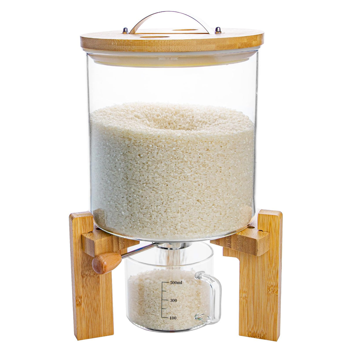 Rice Dispenser, Rice Storage Container, Flour and Cereal Container for Kitchen Organization and Pantry Store, Glass Cereal dispenser with Airtight Lid and Wooden Stand 8L